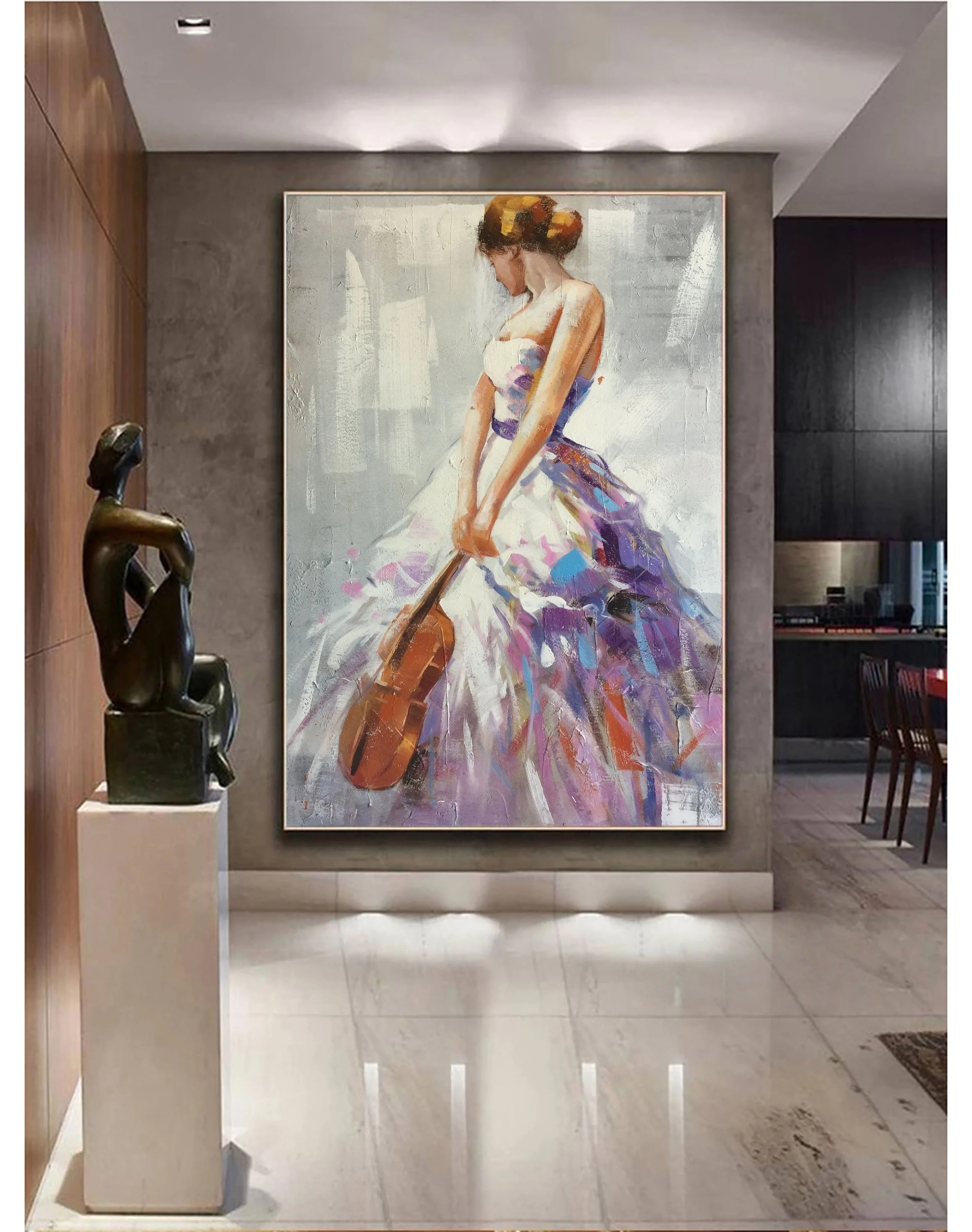 Elegy in Color - Textured Abstract Woman with Violin Painting Elegant Music Wall Art