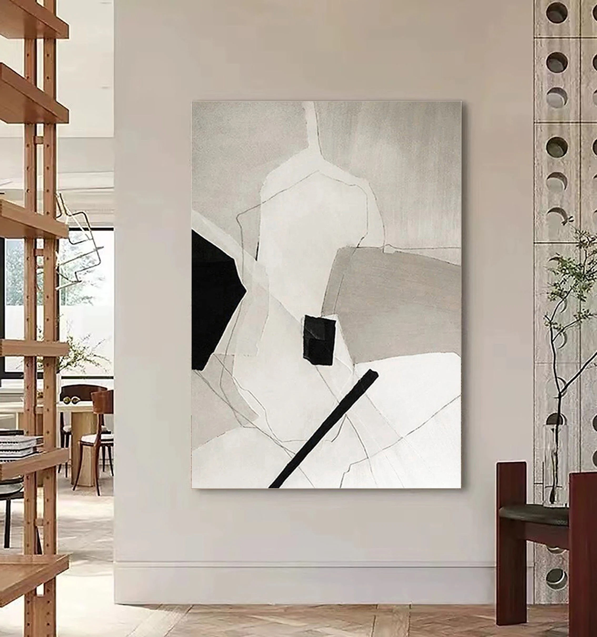 Fractured Silence - Minimalist Abstract Geometric Painting Black and White Wall Art