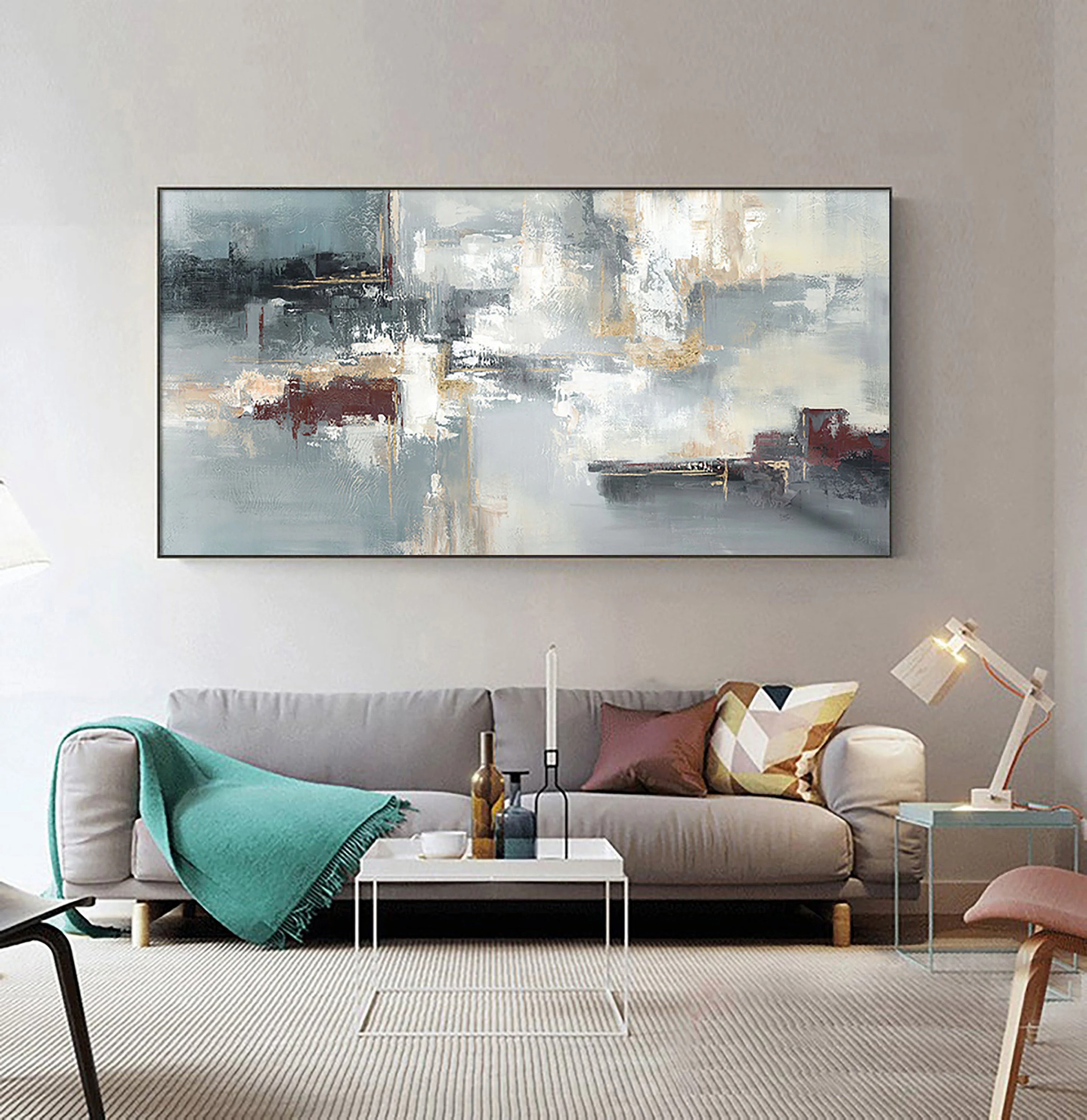 City Echoes - Large Horizontal Abstract Painting Modern Textured Cityscape Wall Art