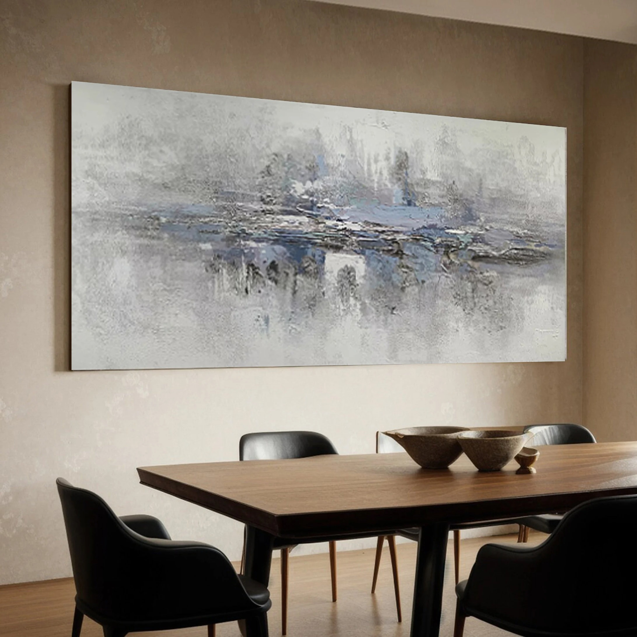 Echoes in Mist - Minimalist Abstract Blue Gray Painting Horizontal Modern Wall Art