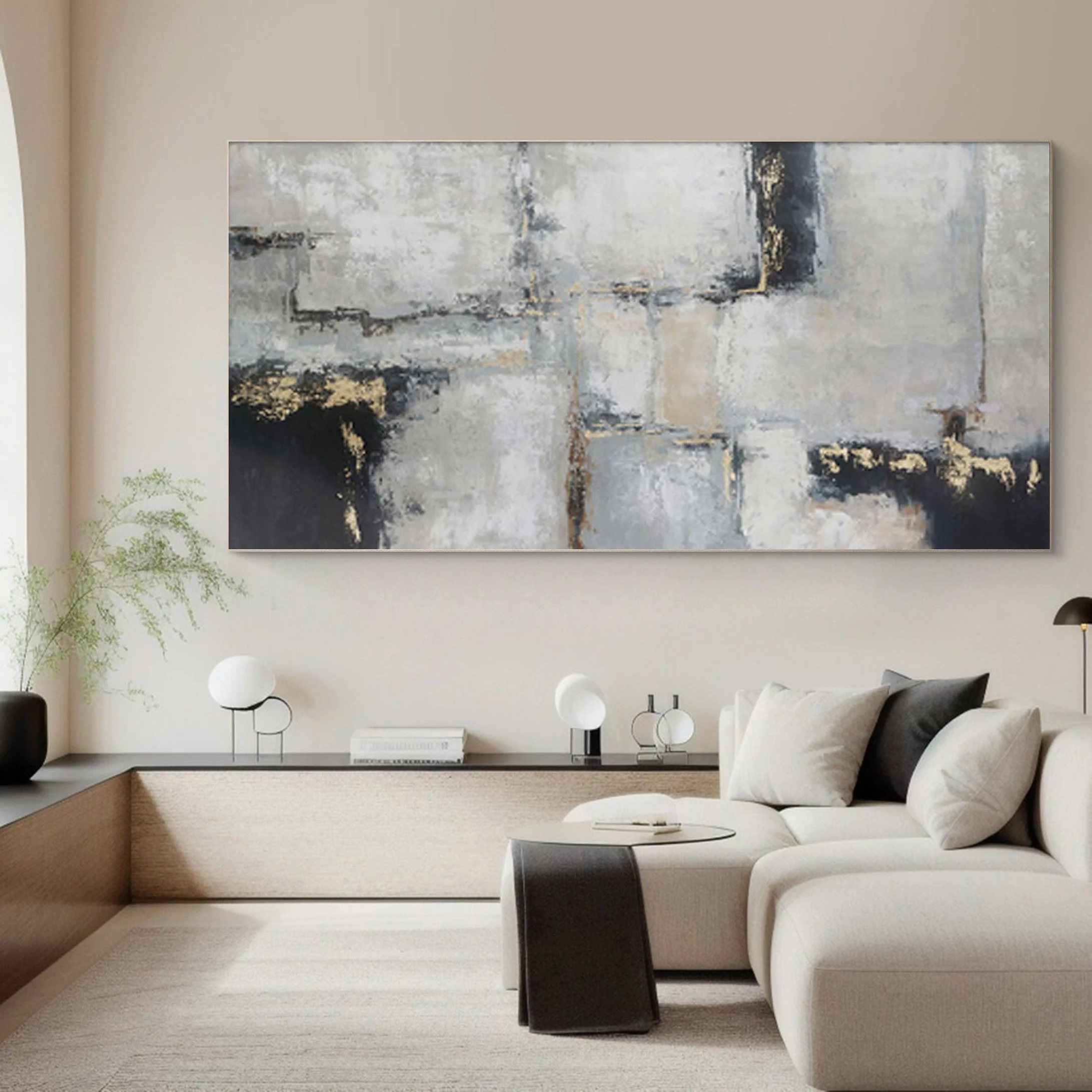 Structured Silence - Modern Black and Gold Abstract Painting Large Textured Wall Art