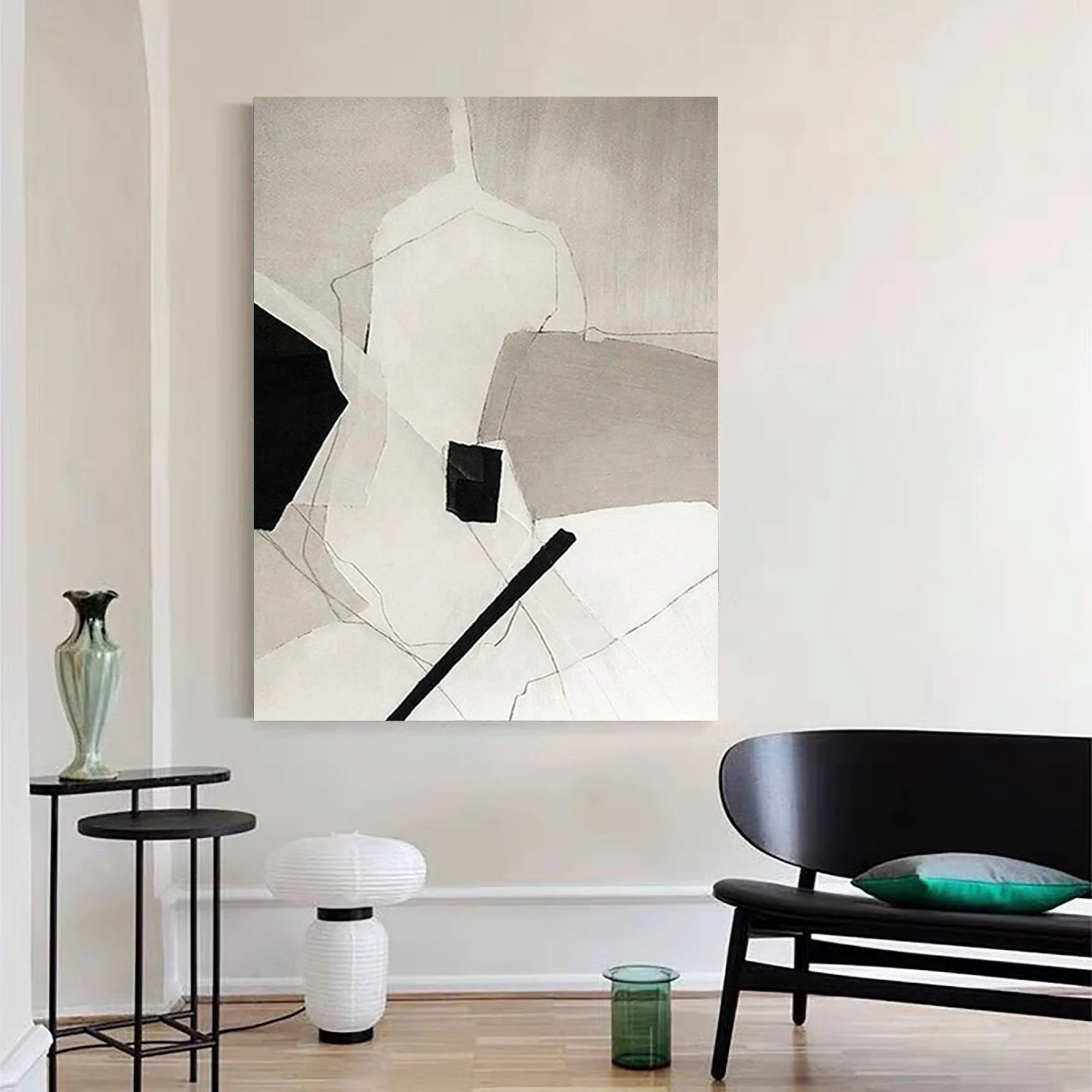 Fractured Silence - Minimalist Abstract Geometric Painting Black and White Wall Art