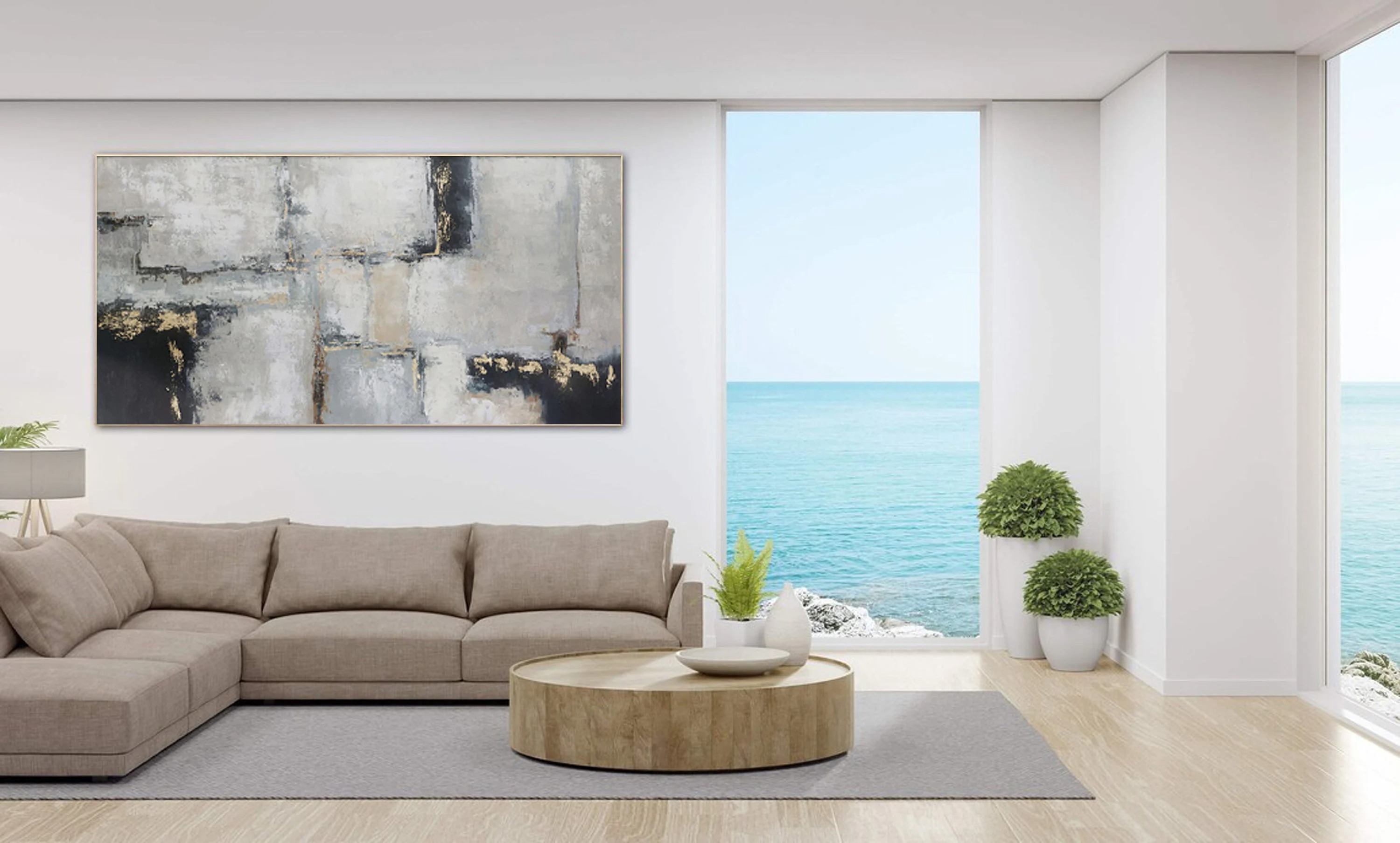 Structured Silence - Modern Black and Gold Abstract Painting Large Textured Wall Art