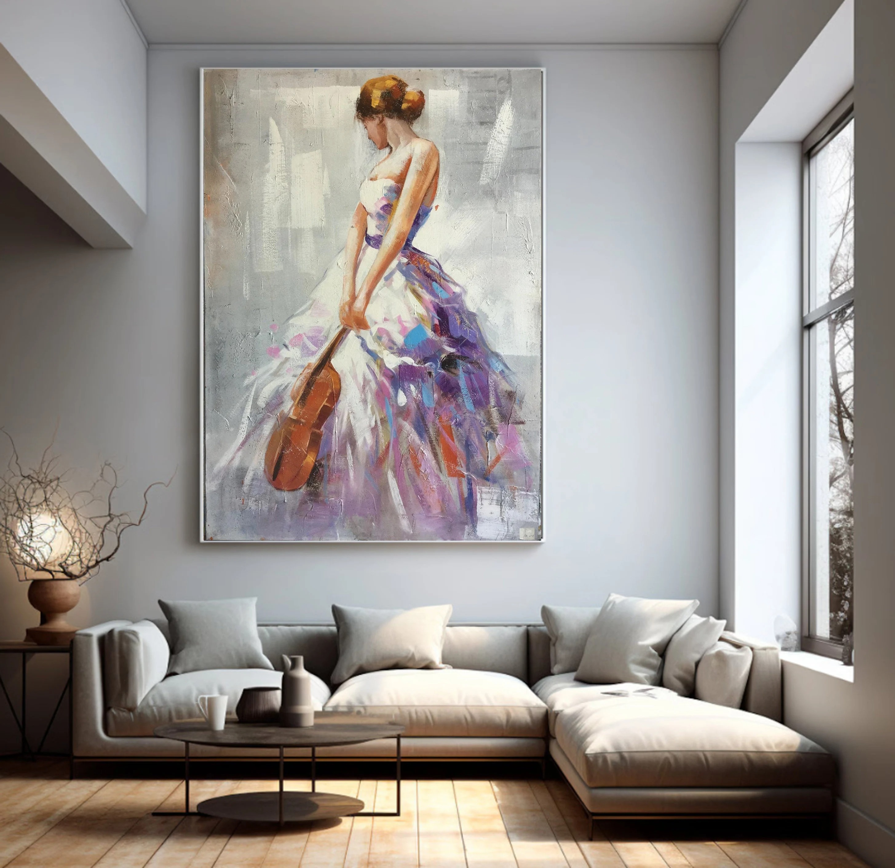 Elegy in Color - Textured Abstract Woman with Violin Painting Elegant Music Wall Art