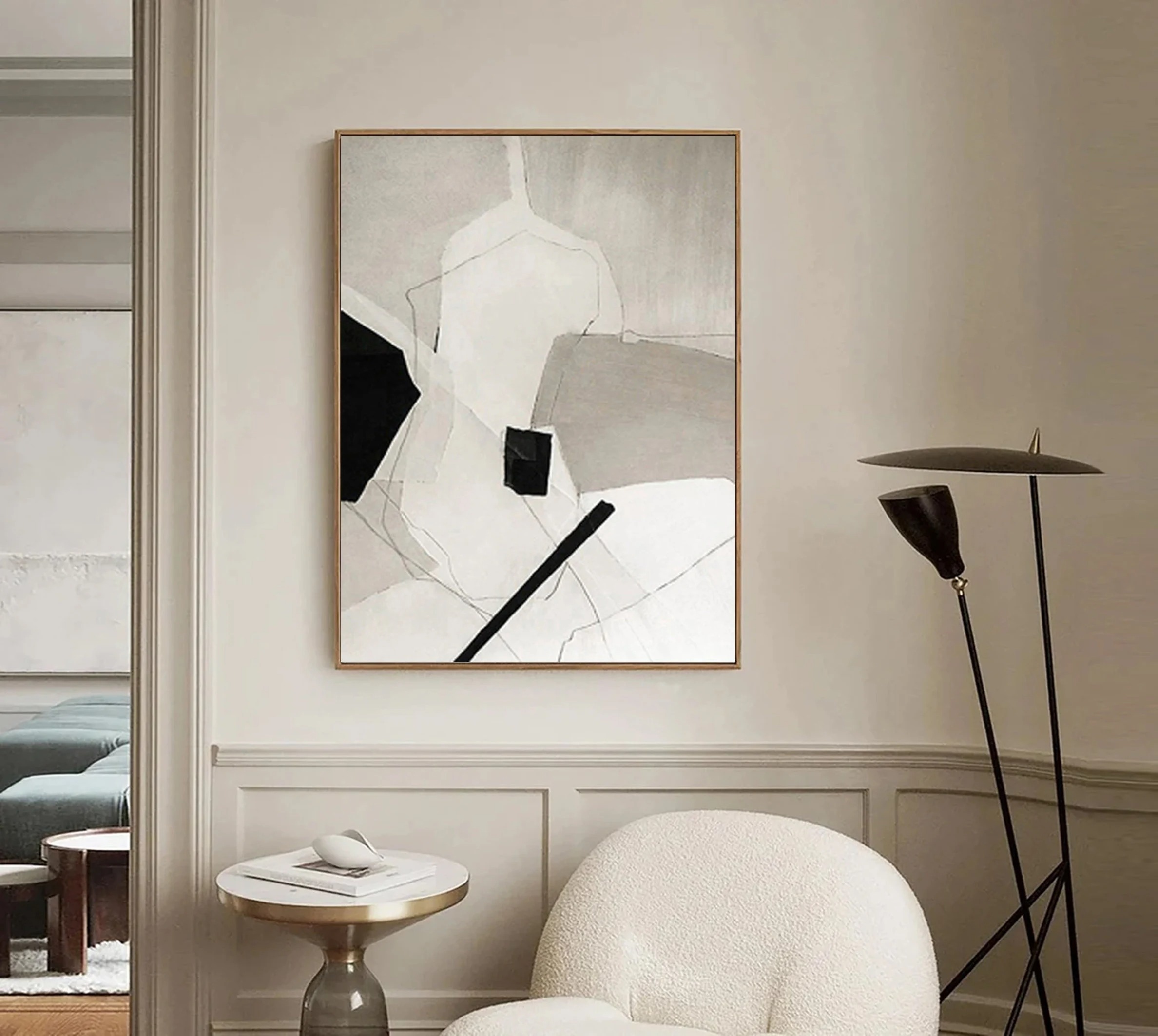 Fractured Silence - Minimalist Abstract Geometric Painting Black and White Wall Art
