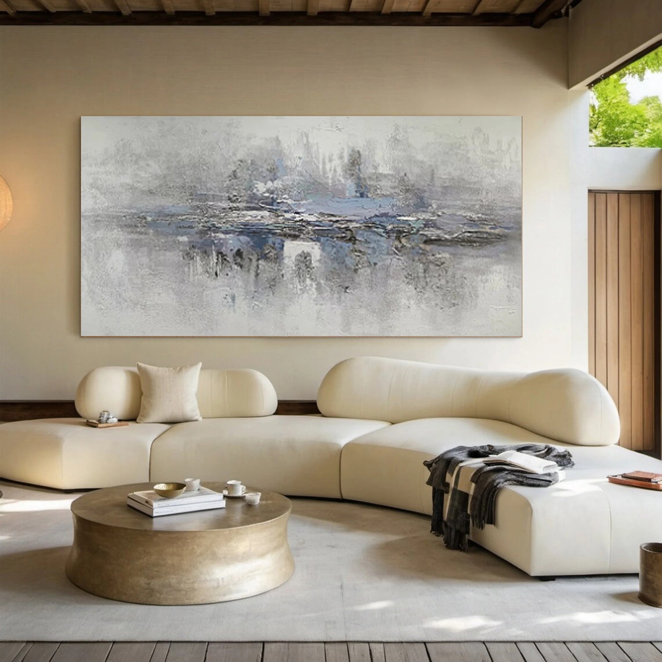 Echoes in Mist - Minimalist Abstract Blue Gray Painting Horizontal Modern Wall Art