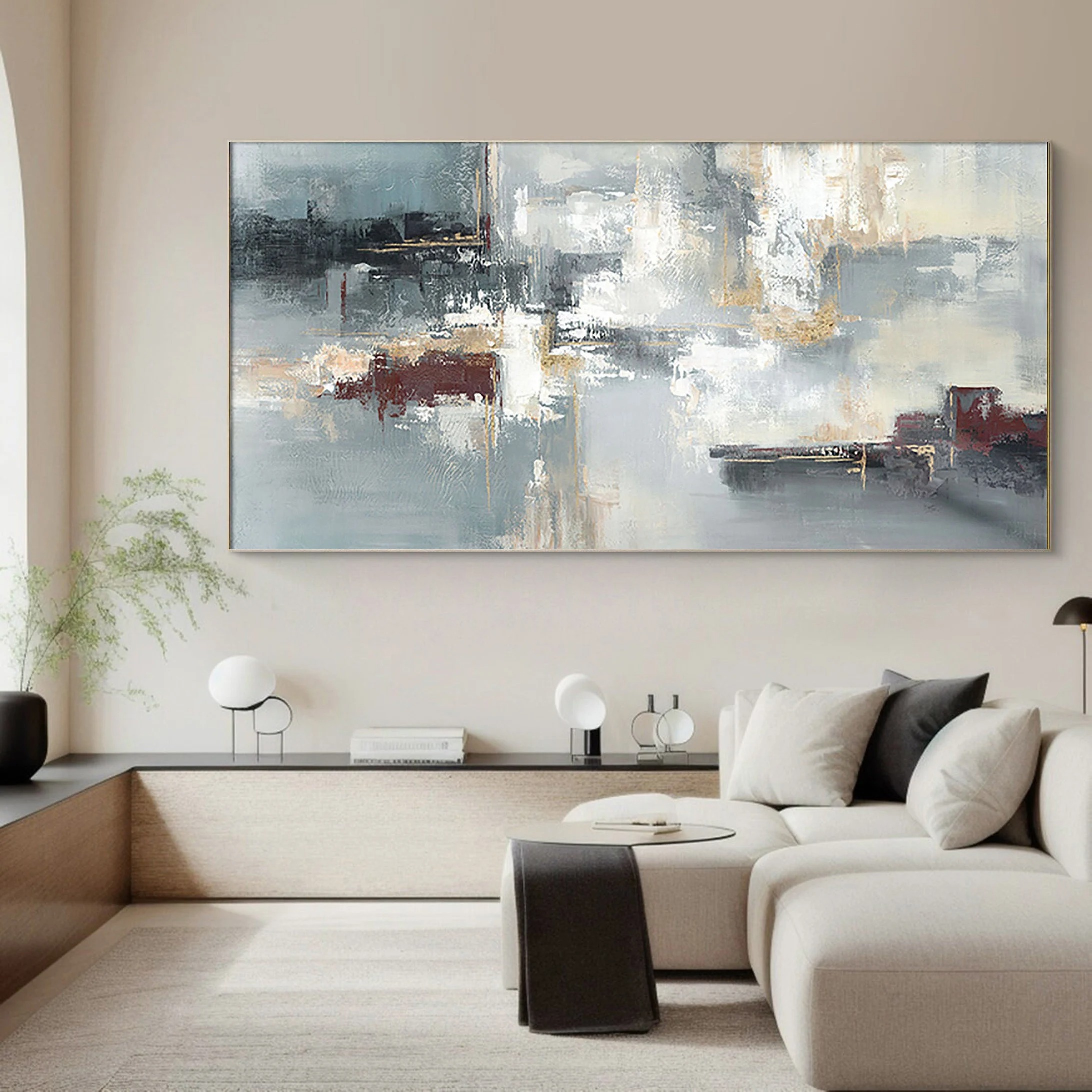 City Echoes - Large Horizontal Abstract Painting Modern Textured Cityscape Wall Art