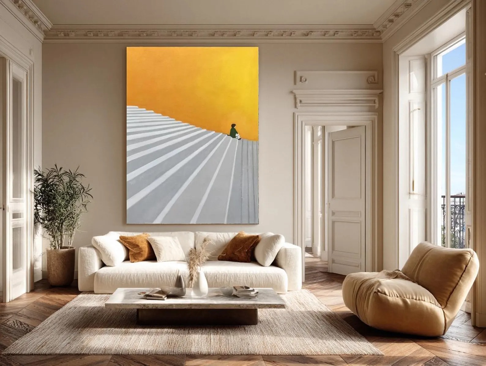 Steps Toward Light - Minimalist Abstract Stair Painting Yellow Modern Wall Art with Figure