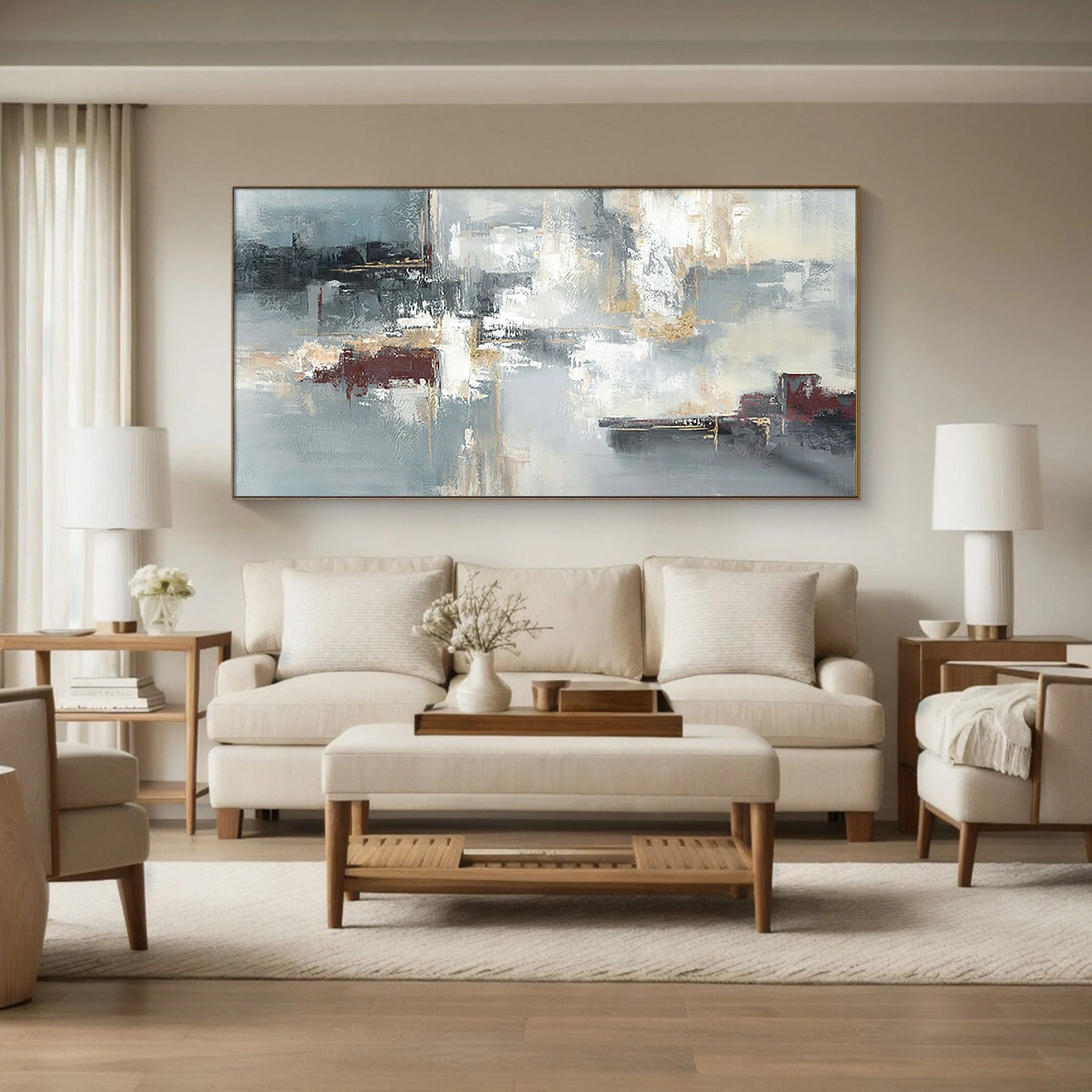 City Echoes - Large Horizontal Abstract Painting Modern Textured Cityscape Wall Art