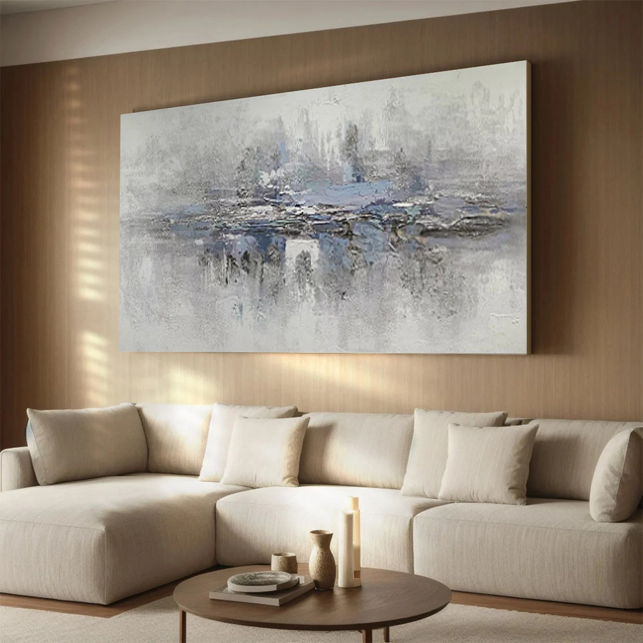 Echoes in Mist - Minimalist Abstract Blue Gray Painting Horizontal Modern Wall Art