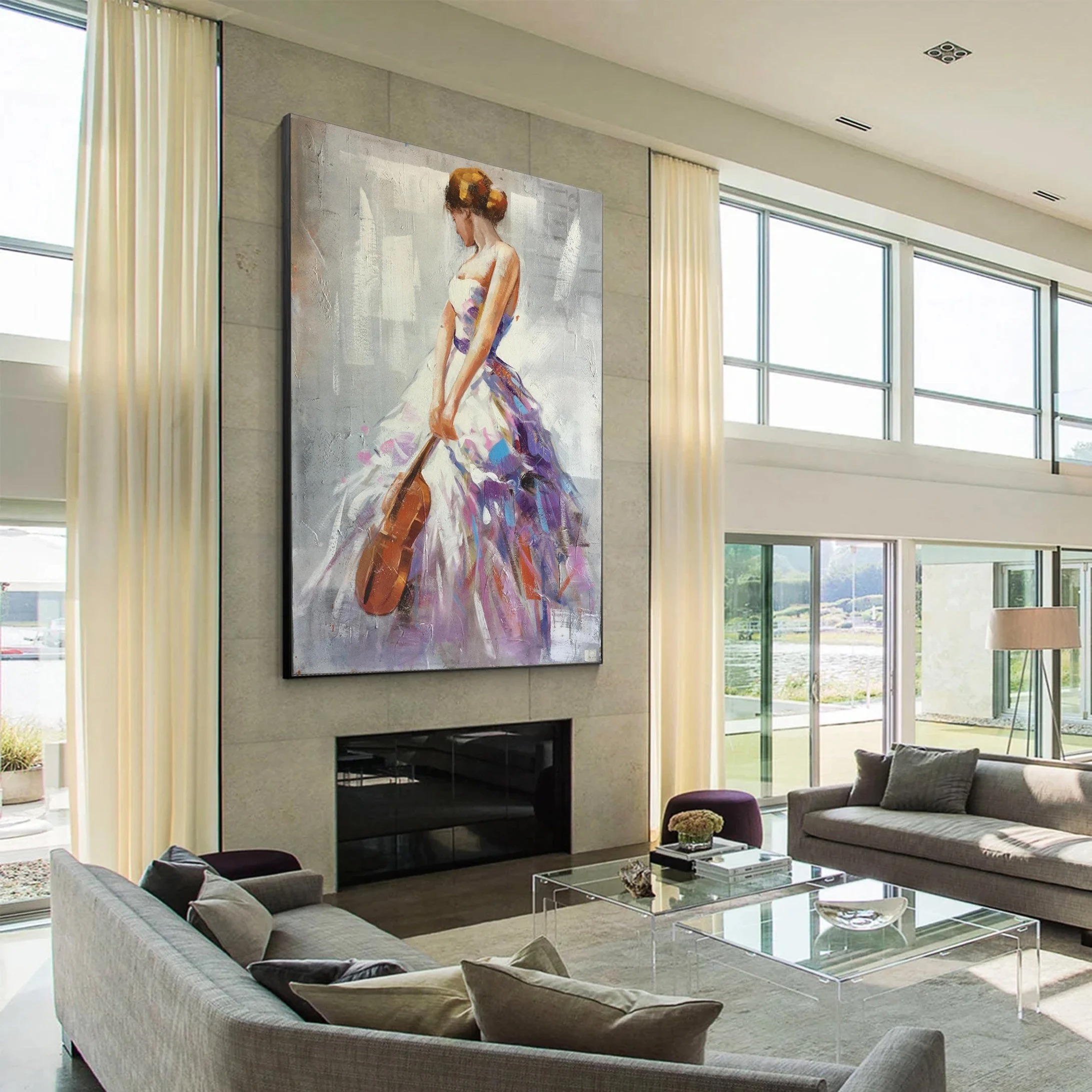 Elegy in Color - Textured Abstract Woman with Violin Painting Elegant Music Wall Art