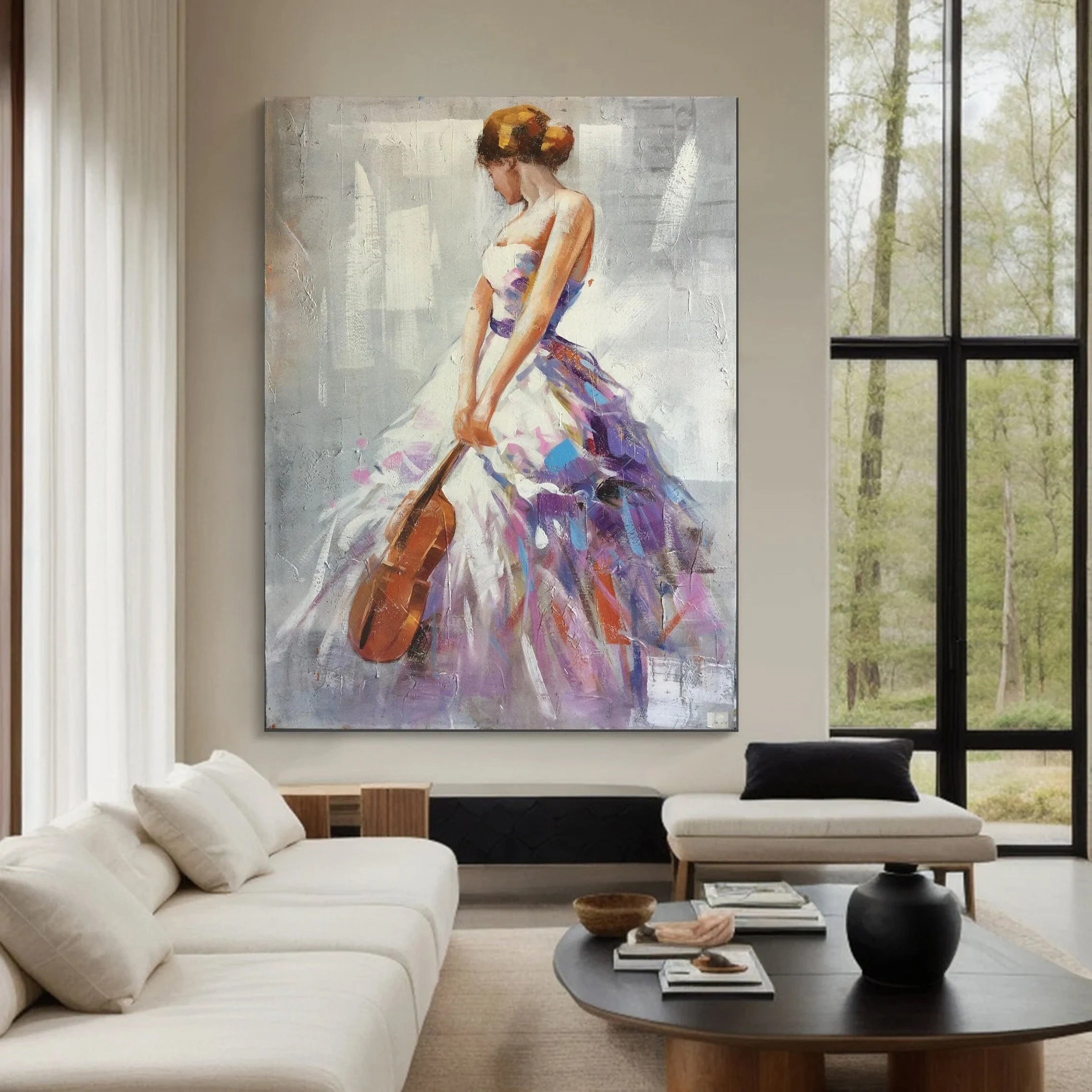Elegy in Color - Textured Abstract Woman with Violin Painting Elegant Music Wall Art