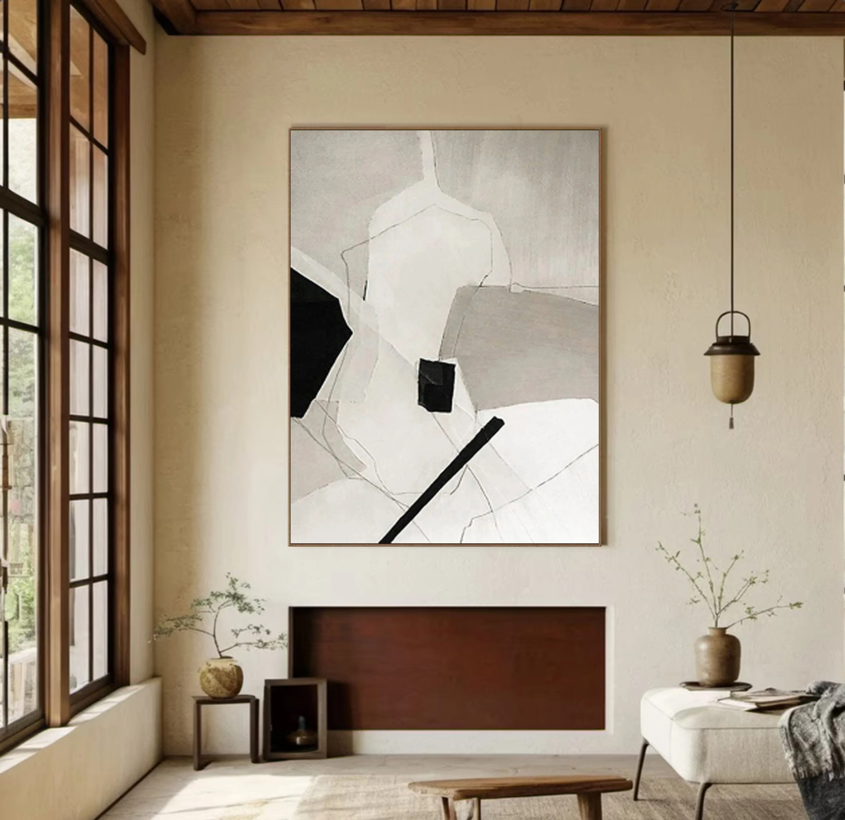 Fractured Silence - Minimalist Abstract Geometric Painting Black and White Wall Art