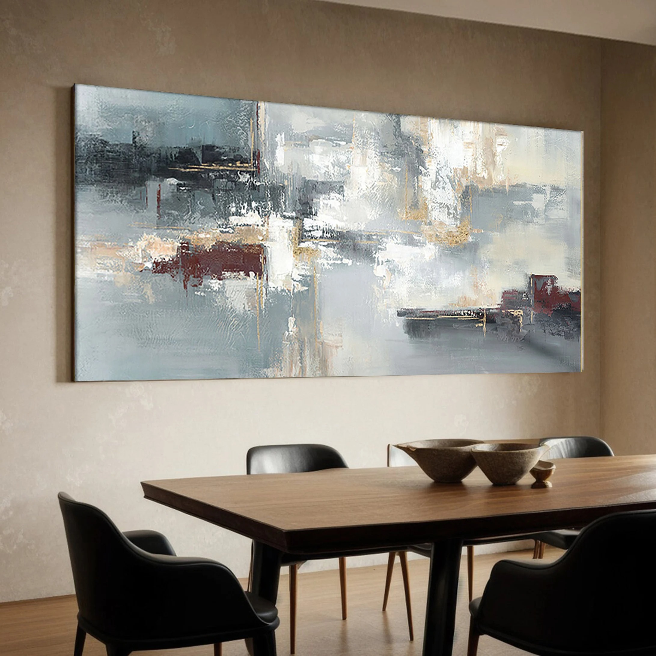 City Echoes - Large Horizontal Abstract Painting Modern Textured Cityscape Wall Art