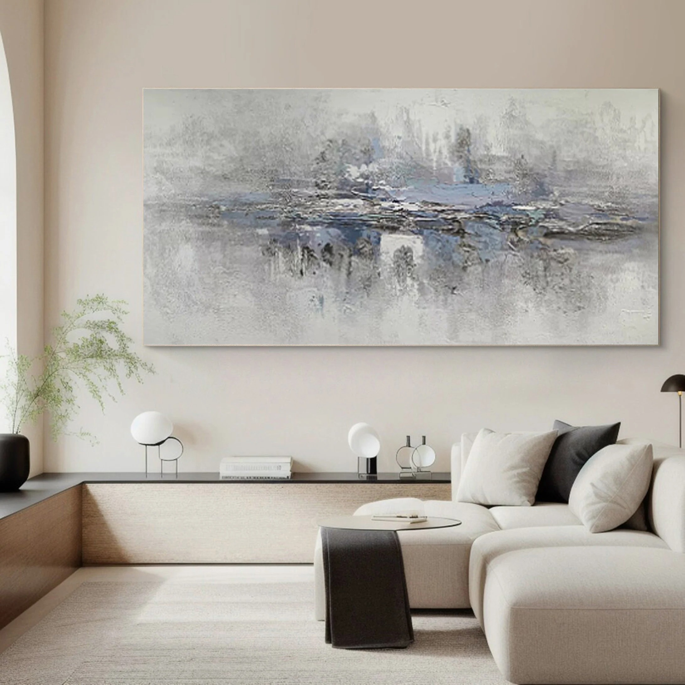 Echoes in Mist - Minimalist Abstract Blue Gray Painting Horizontal Modern Wall Art