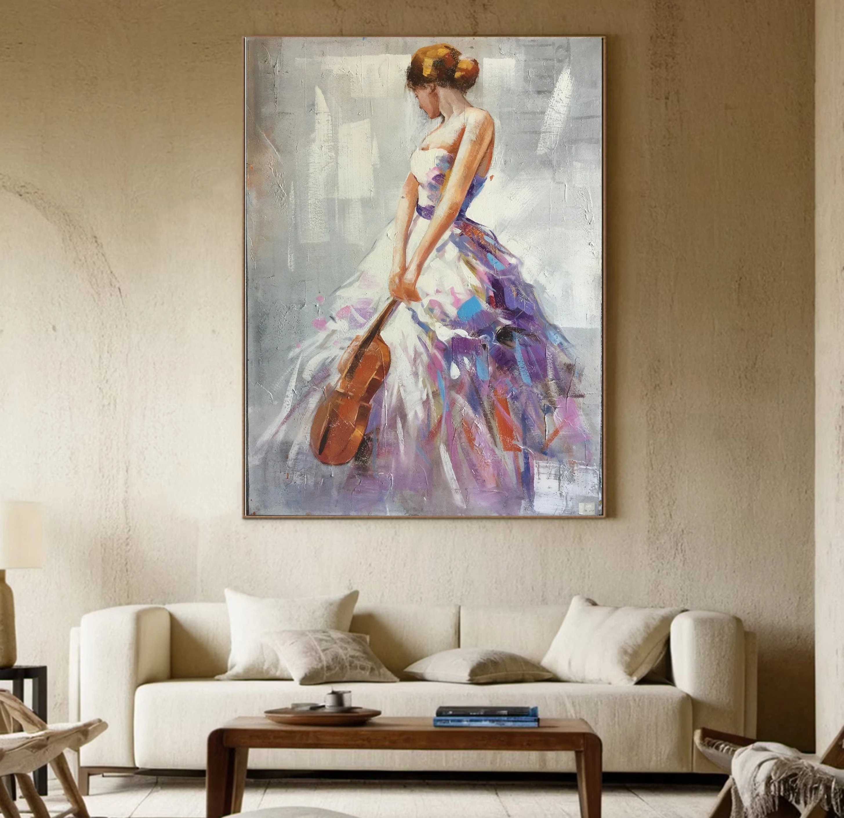 Elegy in Color - Textured Abstract Woman with Violin Painting Elegant Music Wall Art