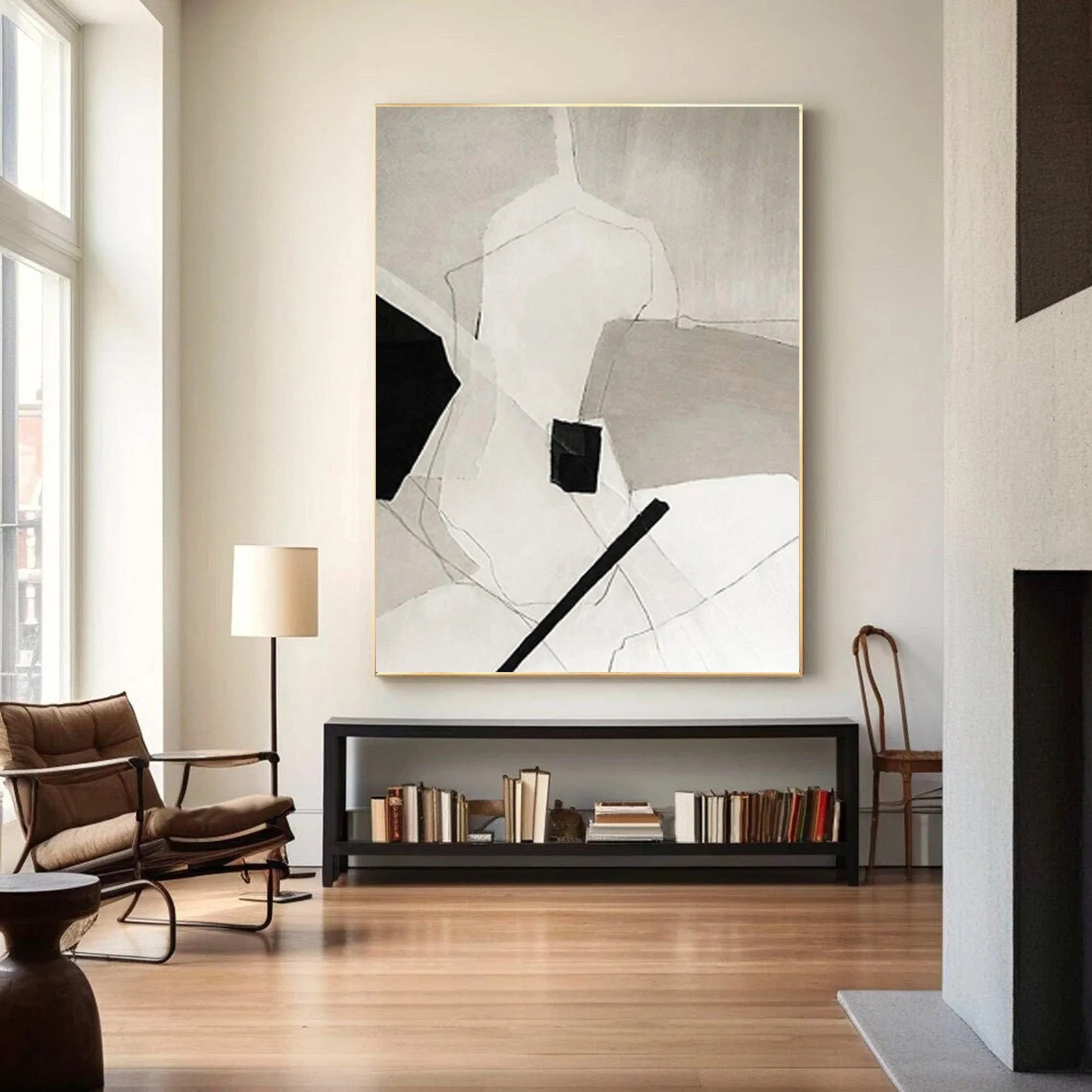 Fractured Silence - Minimalist Abstract Geometric Painting Black and White Wall Art