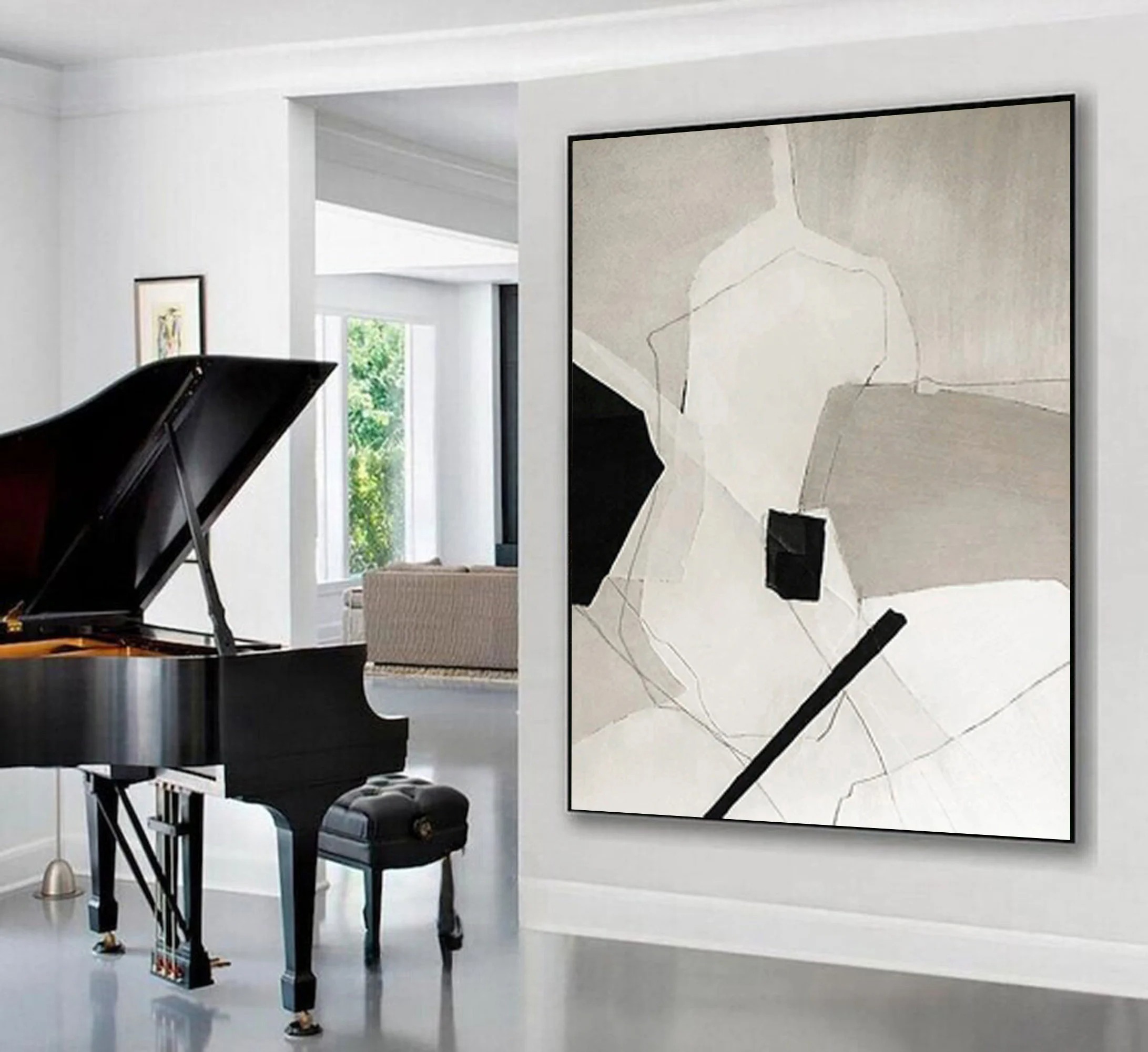 Fractured Silence - Minimalist Abstract Geometric Painting Black and White Wall Art