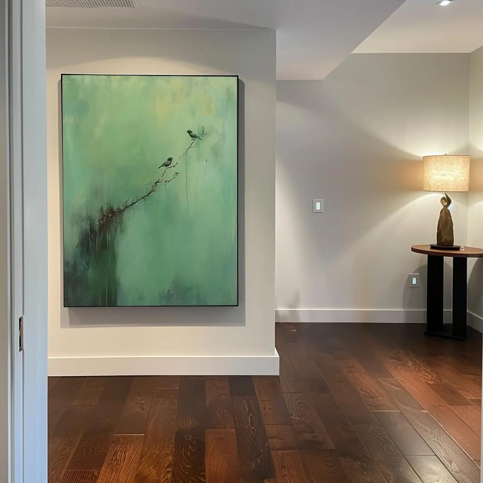 Serene Branch – Minimalist Bird Wall Art on Green Canvas for Modern Home Decor