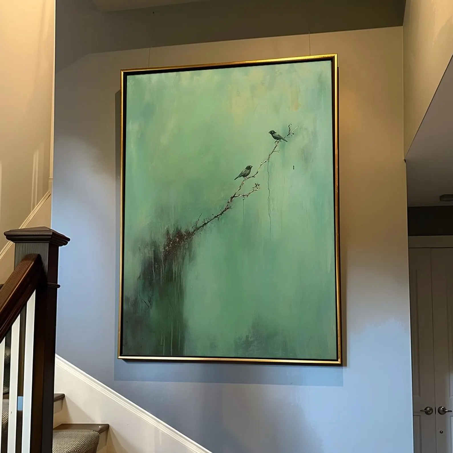 Serene Branch – Minimalist Bird Wall Art on Green Canvas for Modern Home Decor