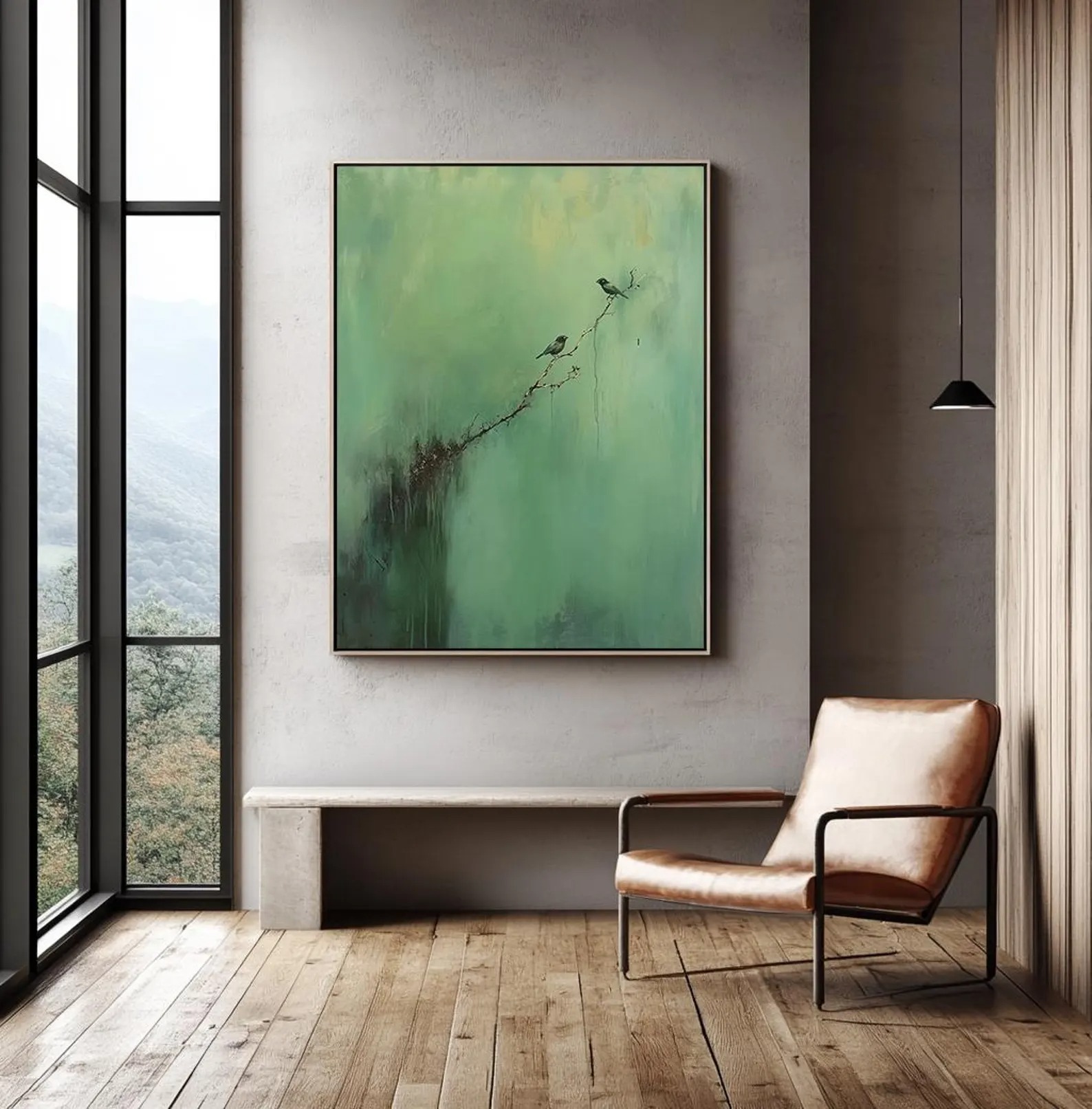 Serene Branch – Minimalist Bird Wall Art on Green Canvas for Modern Home Decor