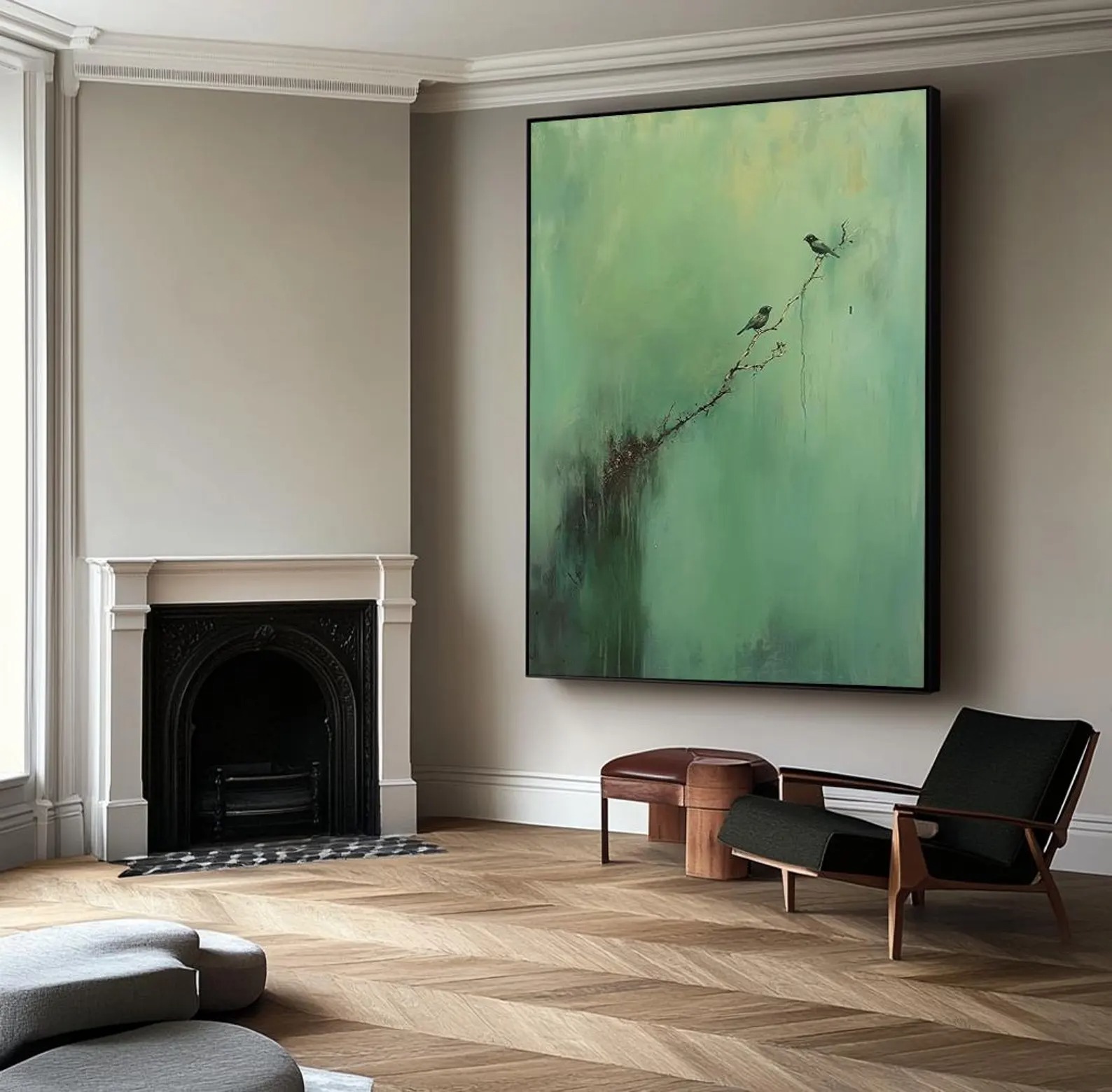 Serene Branch – Minimalist Bird Wall Art on Green Canvas for Modern Home Decor