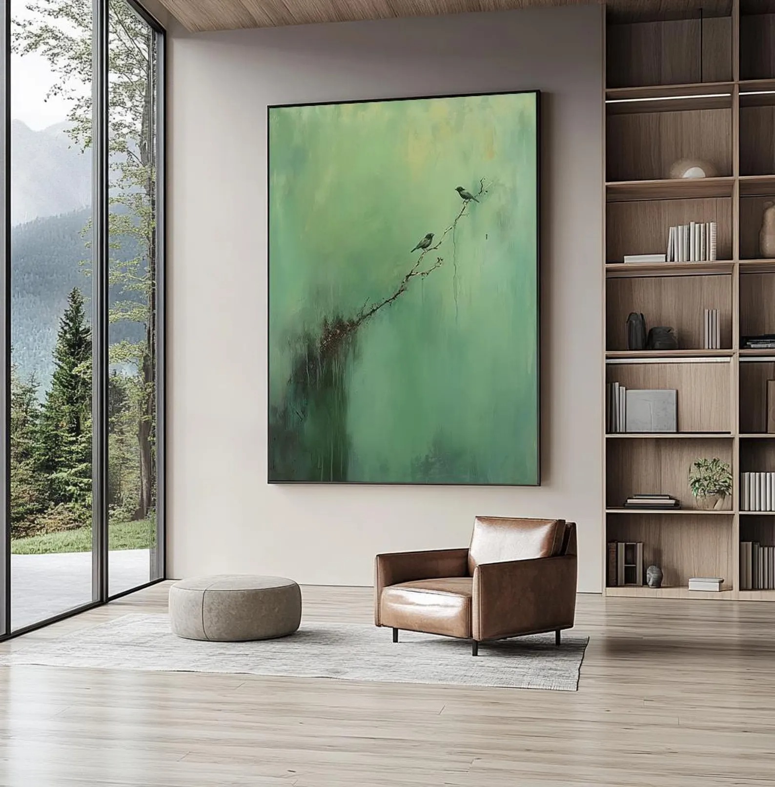 Serene Branch – Minimalist Bird Wall Art on Green Canvas for Modern Home Decor