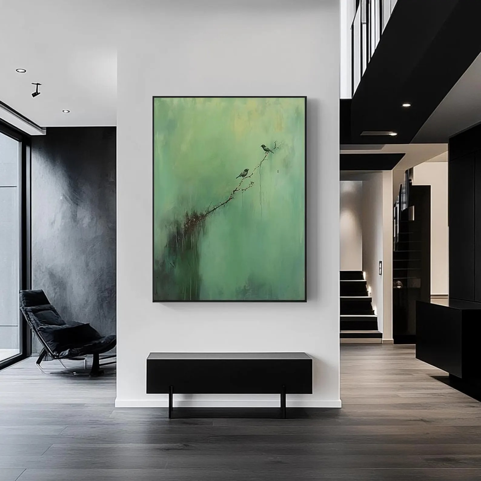 Serene Branch – Minimalist Bird Wall Art on Green Canvas for Modern Home Decor