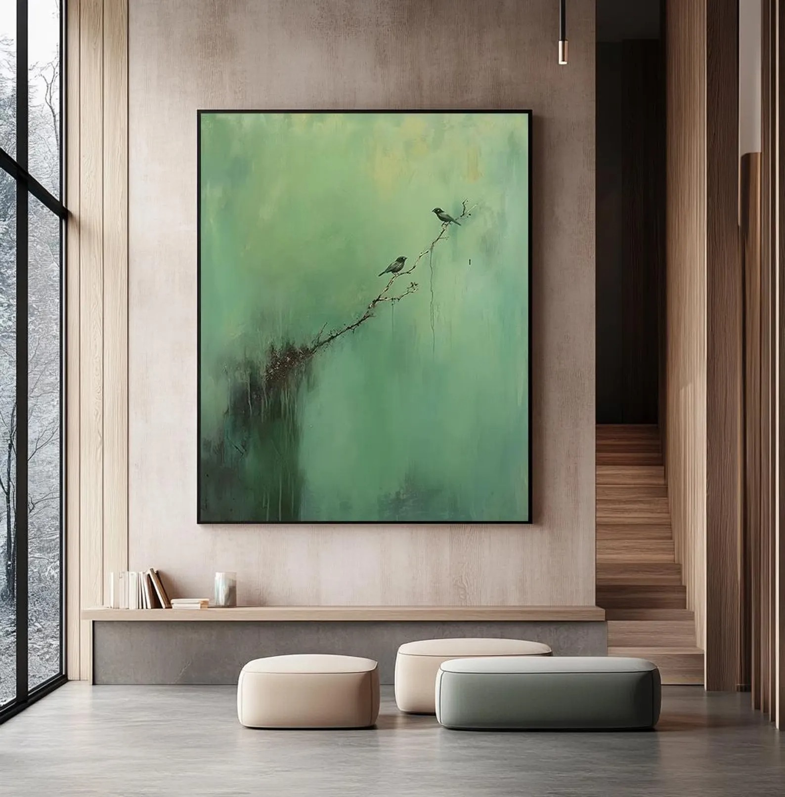 Serene Branch – Minimalist Bird Wall Art on Green Canvas for Modern Home Decor