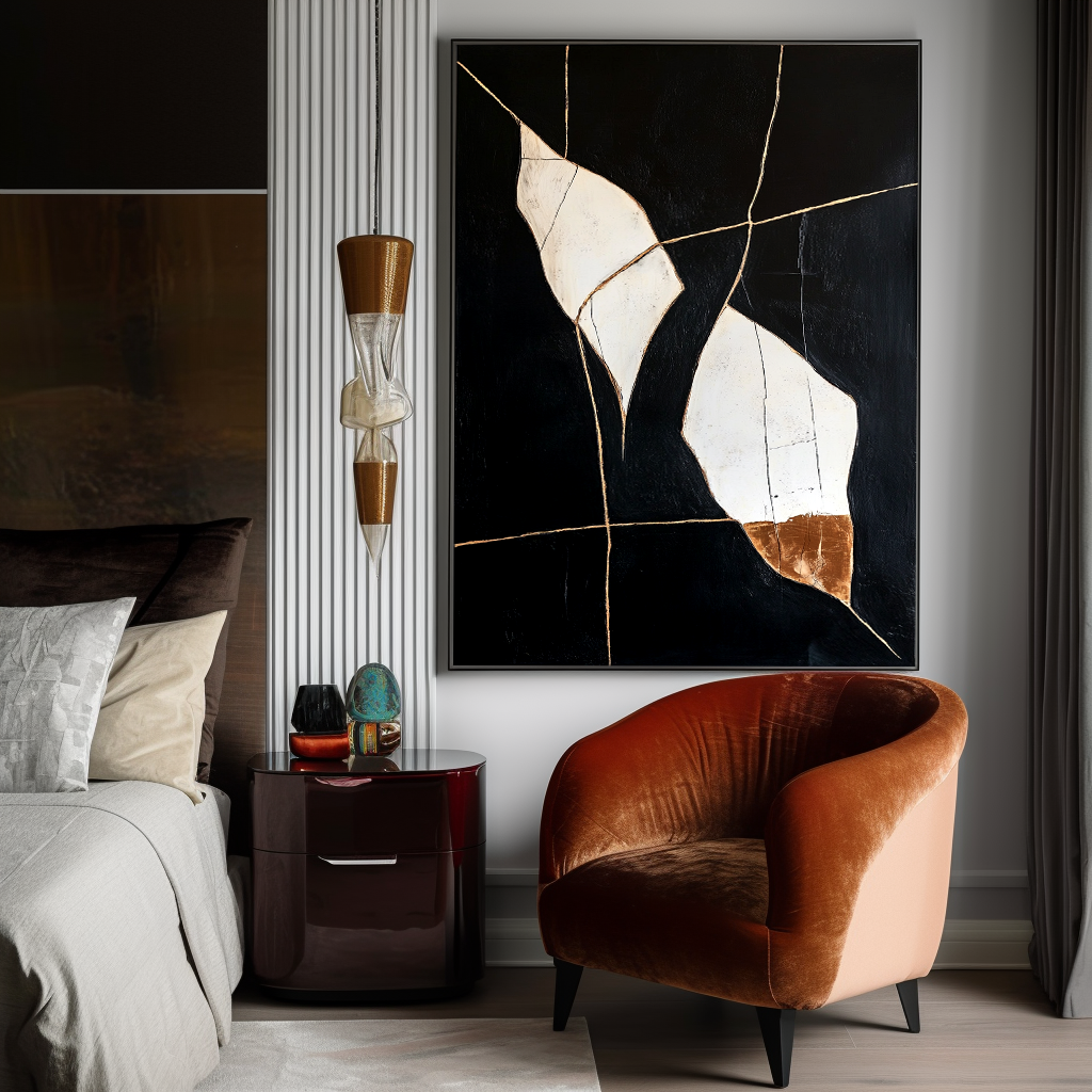 Eclipsed Lines – Large Vertical Minimalist Abstract Wall Art with Black, White, and Gold Accents