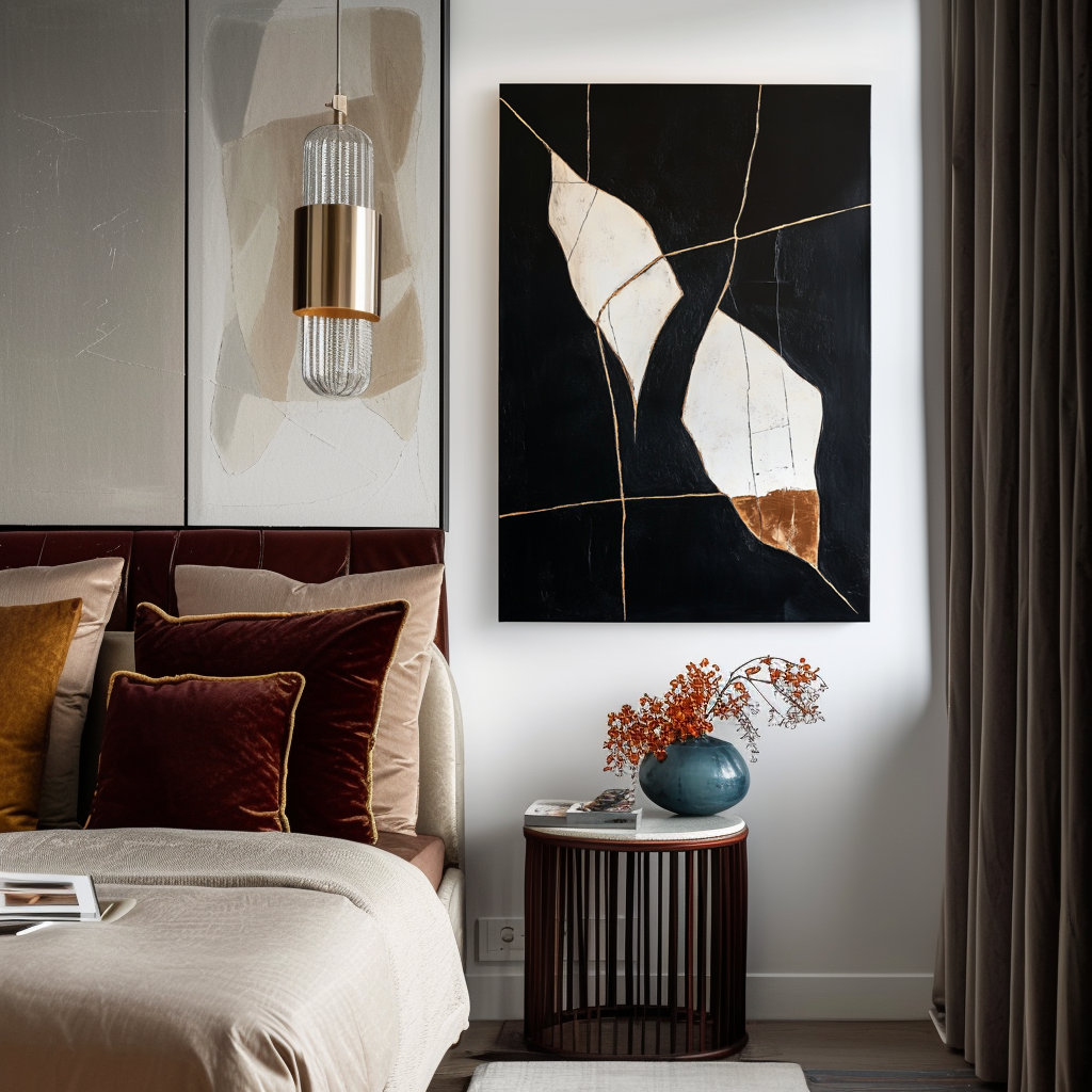 Eclipsed Lines – Large Vertical Minimalist Abstract Wall Art with Black, White, and Gold Accents