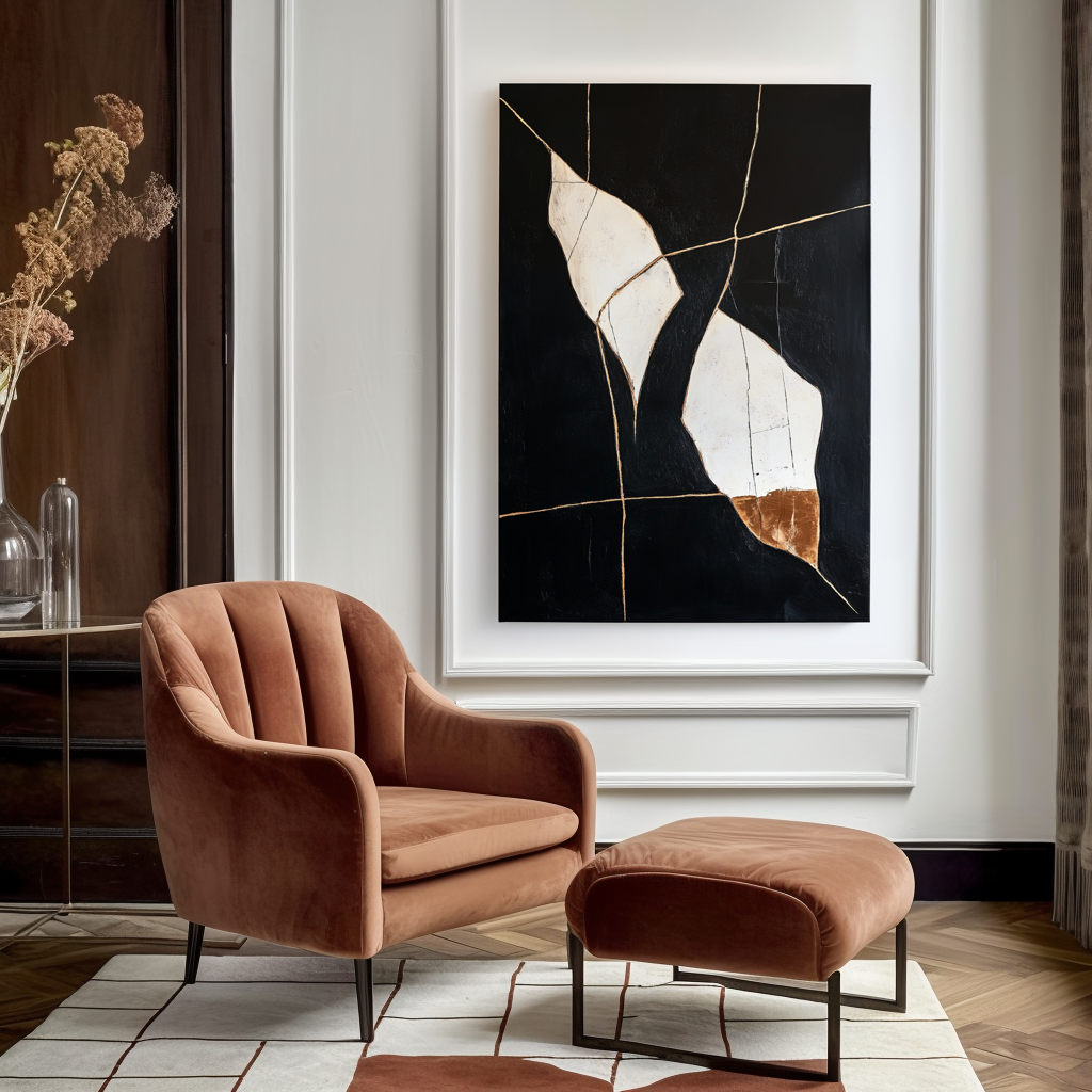 Eclipsed Lines – Large Vertical Minimalist Abstract Wall Art with Black, White, and Gold Accents