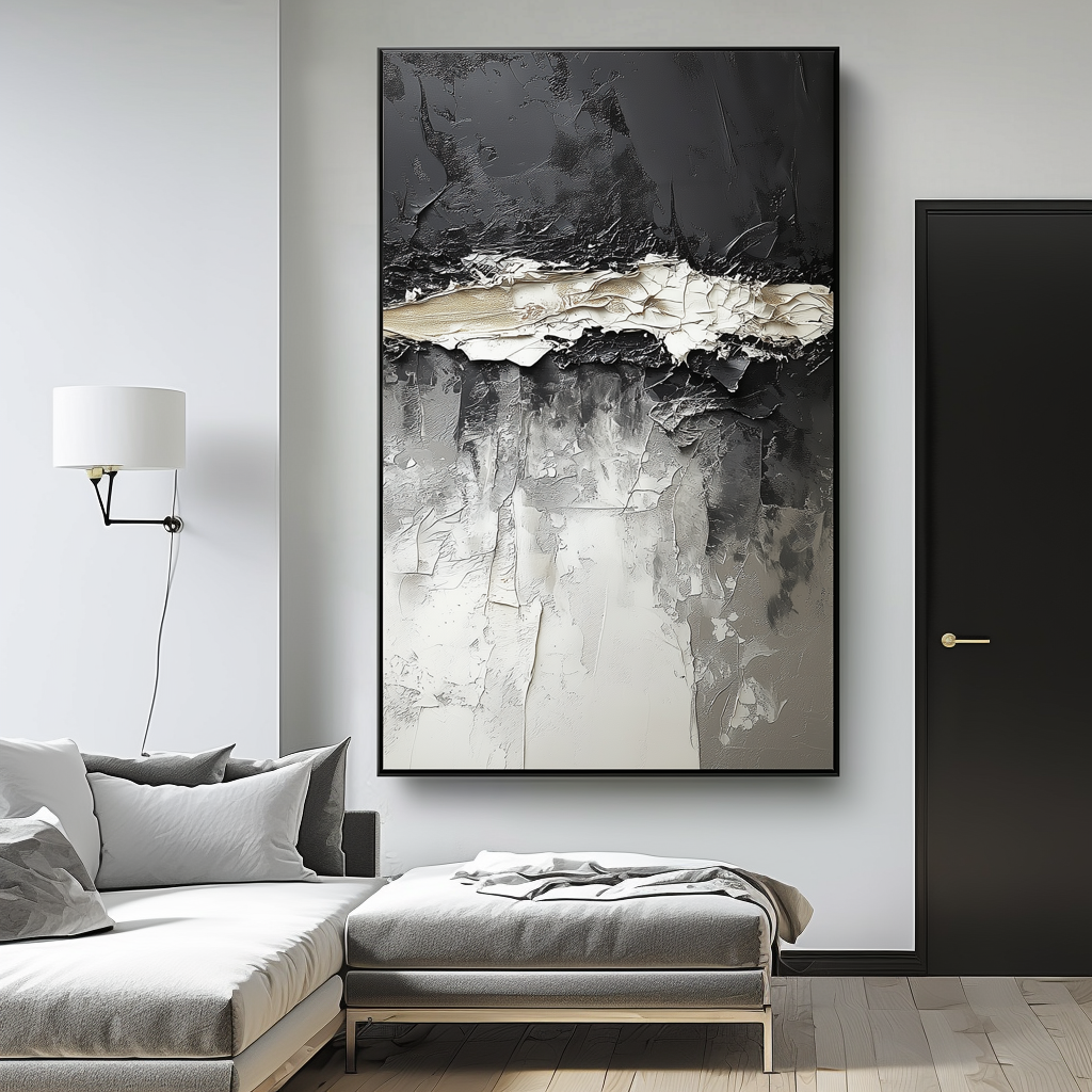 Fractured Horizon – Vertical Textured Abstract Canvas in Black, White, and Neutral Tones