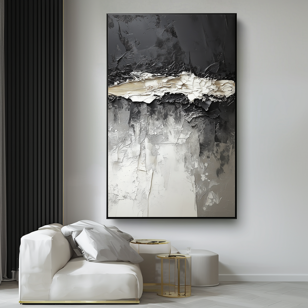 Fractured Horizon – Vertical Textured Abstract Canvas in Black, White, and Neutral Tones
