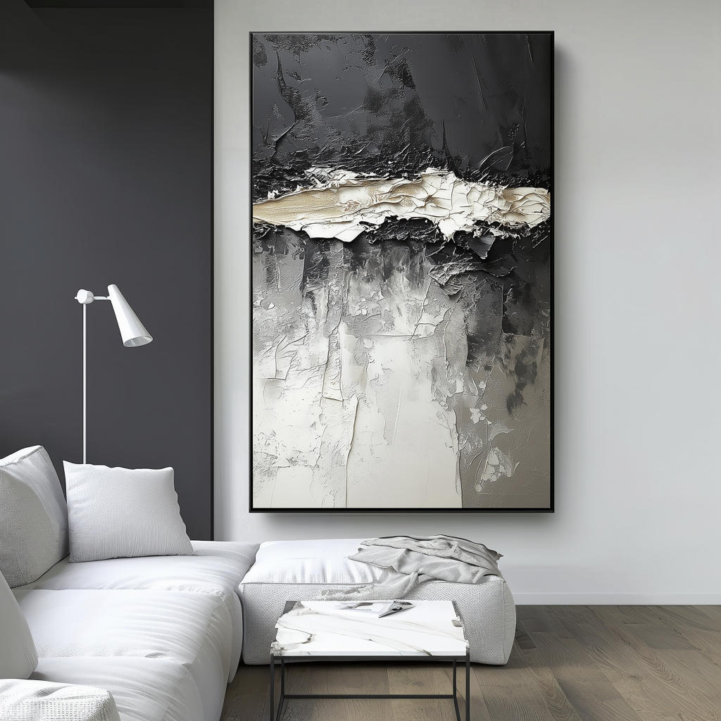Fractured Horizon – Vertical Textured Abstract Canvas in Black, White, and Neutral Tones