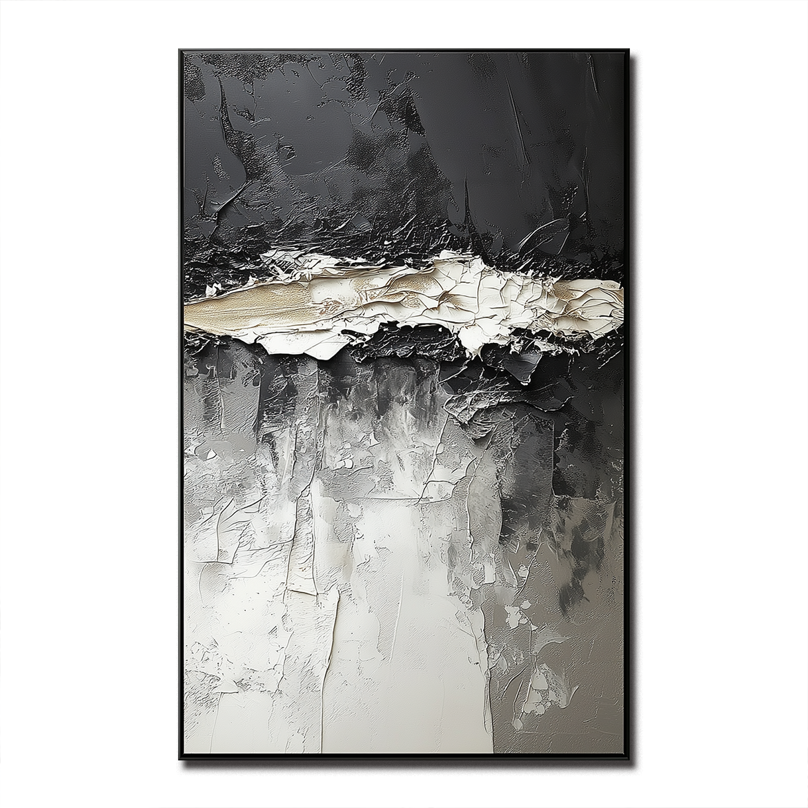 Fractured Horizon – Vertical Textured Abstract Canvas in Black, White, and Neutral Tones