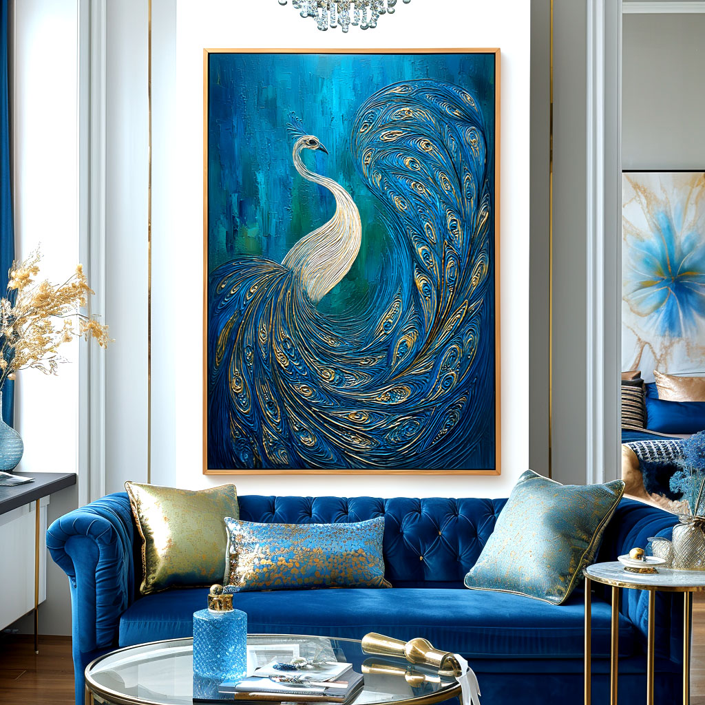 Textured peacock oil painting in blue and gold tones, handmade 3D wall art for modern living room