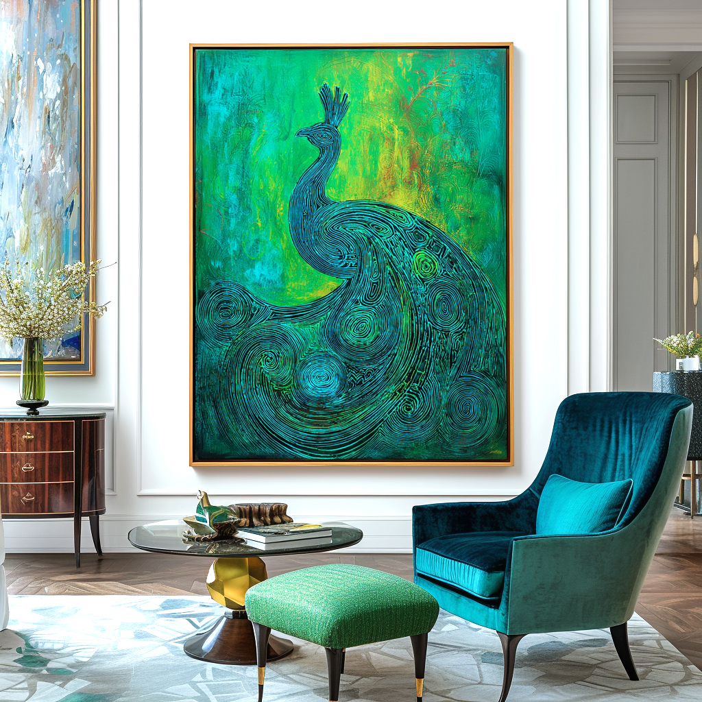Abstract textured peacock oil painting in emerald and turquoise tones, handmade 3D canvas wall art for modern interiors