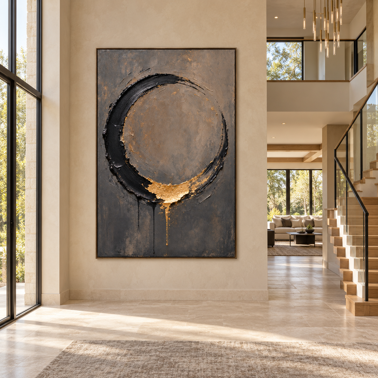 Open black brushstroke circle with a gold-colored accent at its base on warm gray, displayed in a room setting