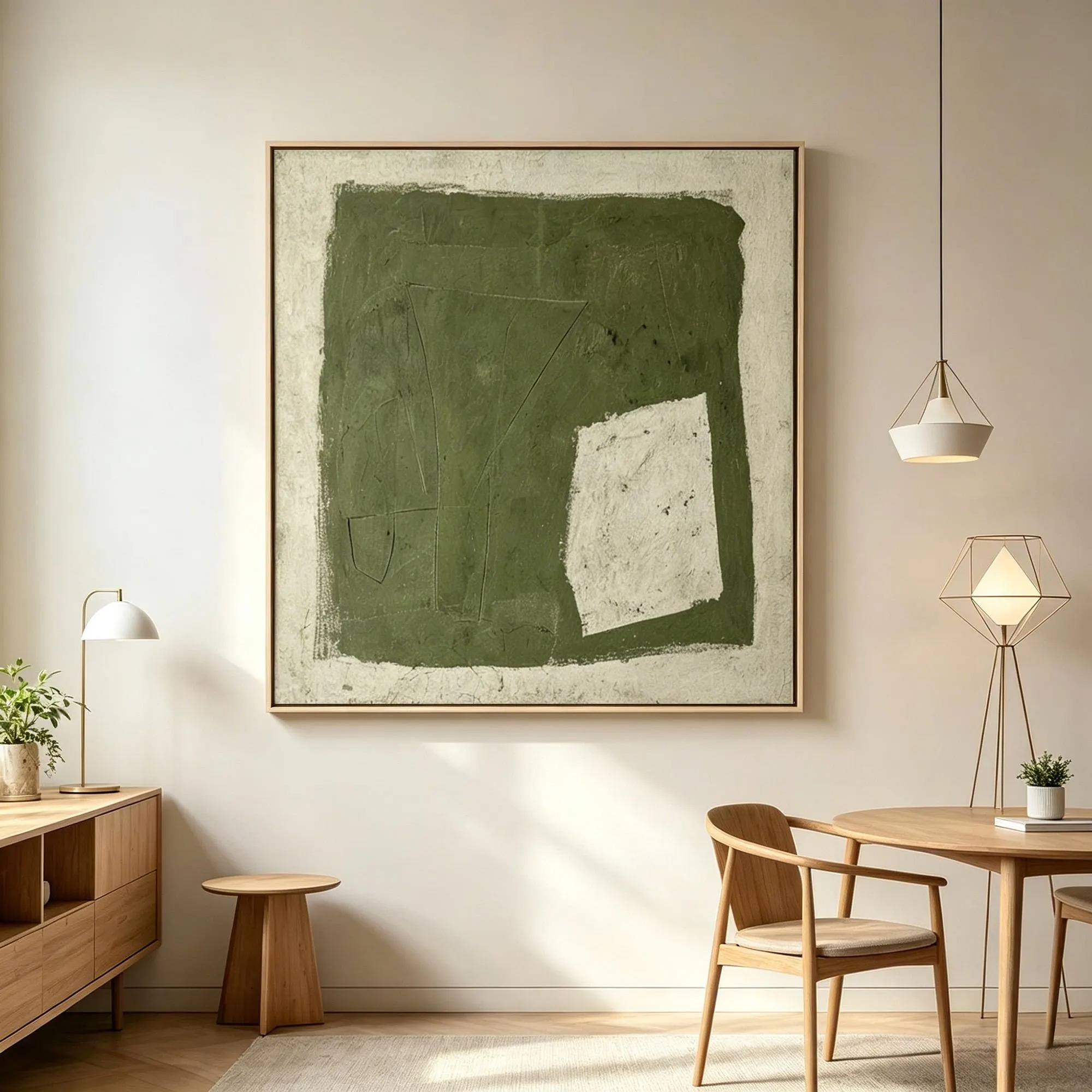 Olive-green field with a tilted cream rectangle near the lower right and a pale border, displayed in a room setting