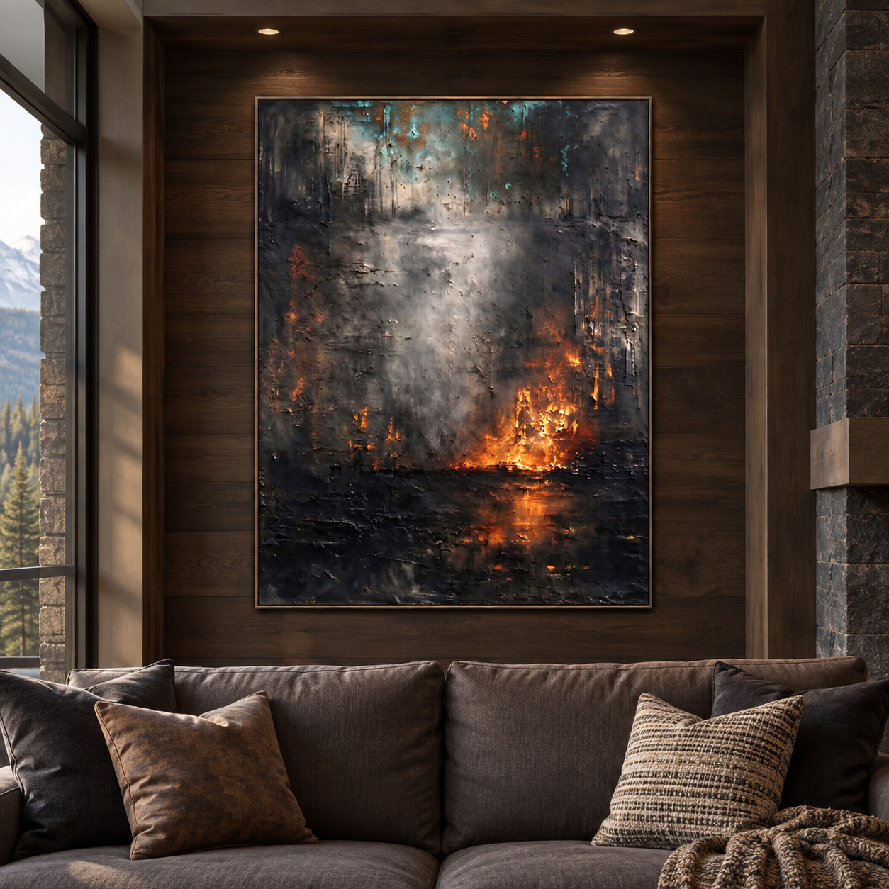 Amber flames at the lower right with a warm reflection, charcoal background, and teal accents, shown in a room setting