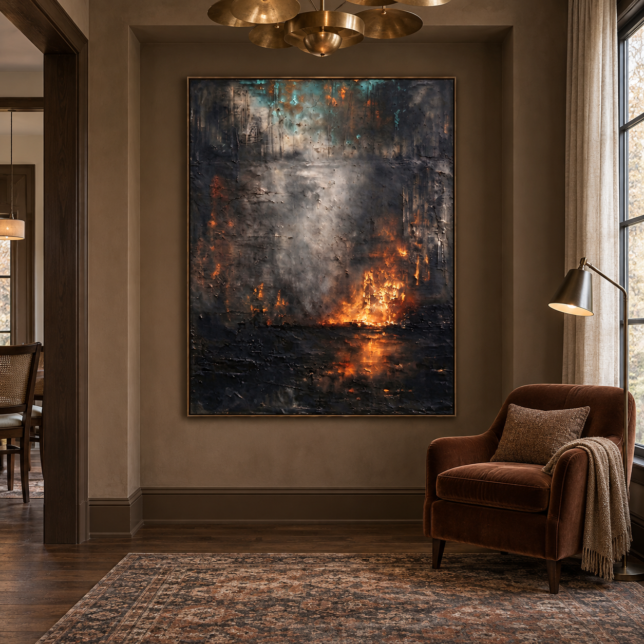 Amber flames at the lower right with a warm reflection, charcoal background, and teal accents, shown in a room setting