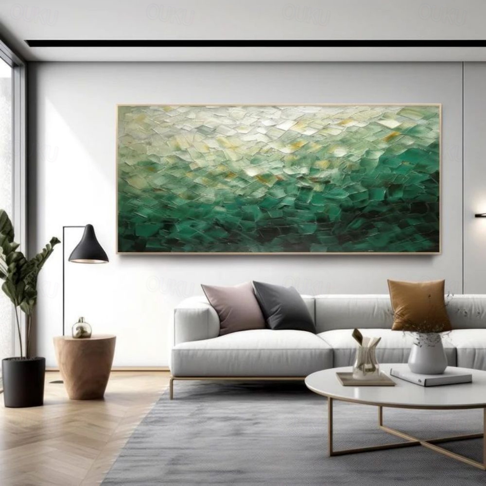 Large textured abstract green landscape oil painting, handmade palette knife wall art for living room or dining room