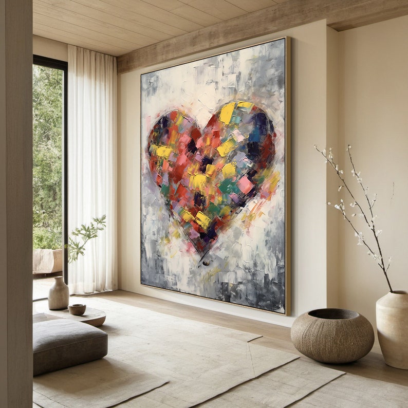 Radiant Heart – Large Textured Abstract Heart Oil Painting, Modern Love Wall Art for Living Room