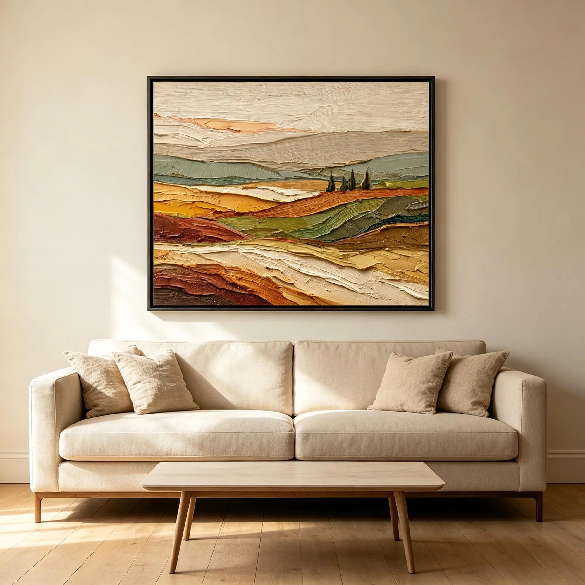 Rolling ochre, rust, cream, and green fields with small dark trees and distant gray hills, displayed in a room setting