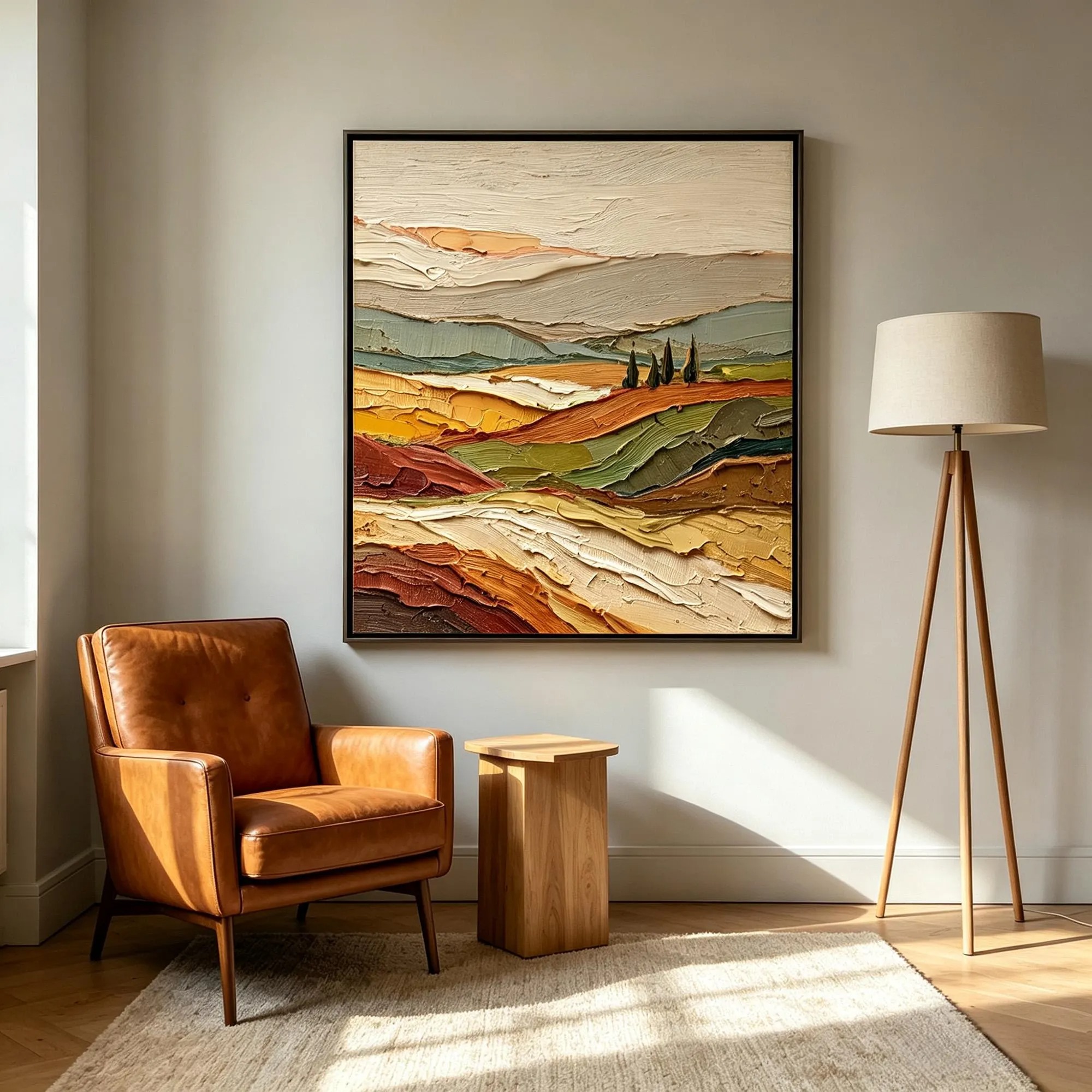 Rolling ochre, rust, cream, and green fields with small dark trees and distant gray hills, displayed in a room setting