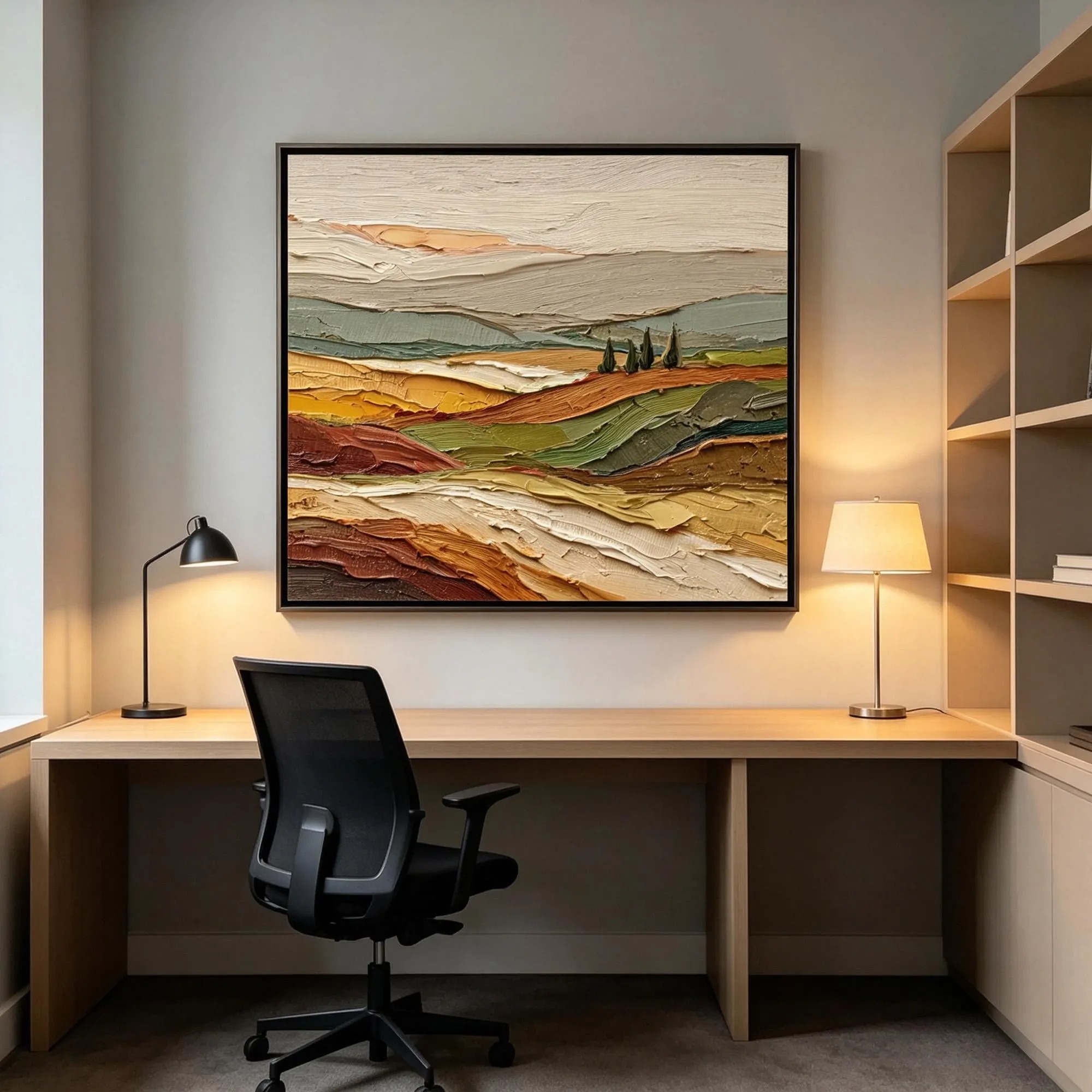 Rolling ochre, rust, cream, and green fields with small dark trees and distant gray hills, displayed in a room setting