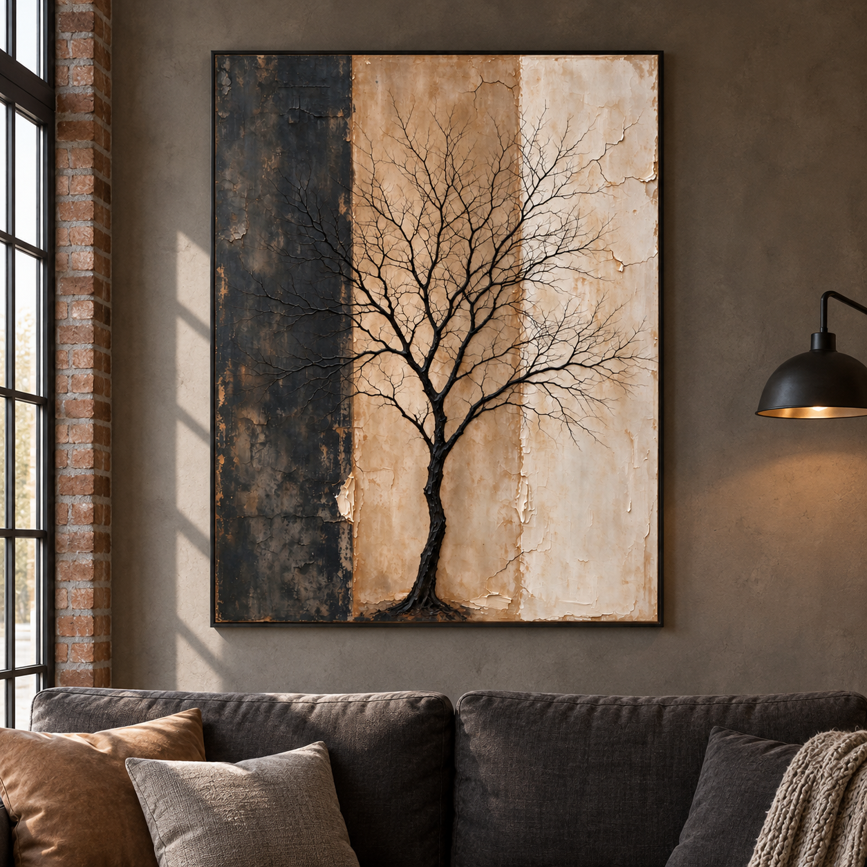 Black bare tree silhouette across charcoal, sand, and ivory vertical fields, shown in a room setting
