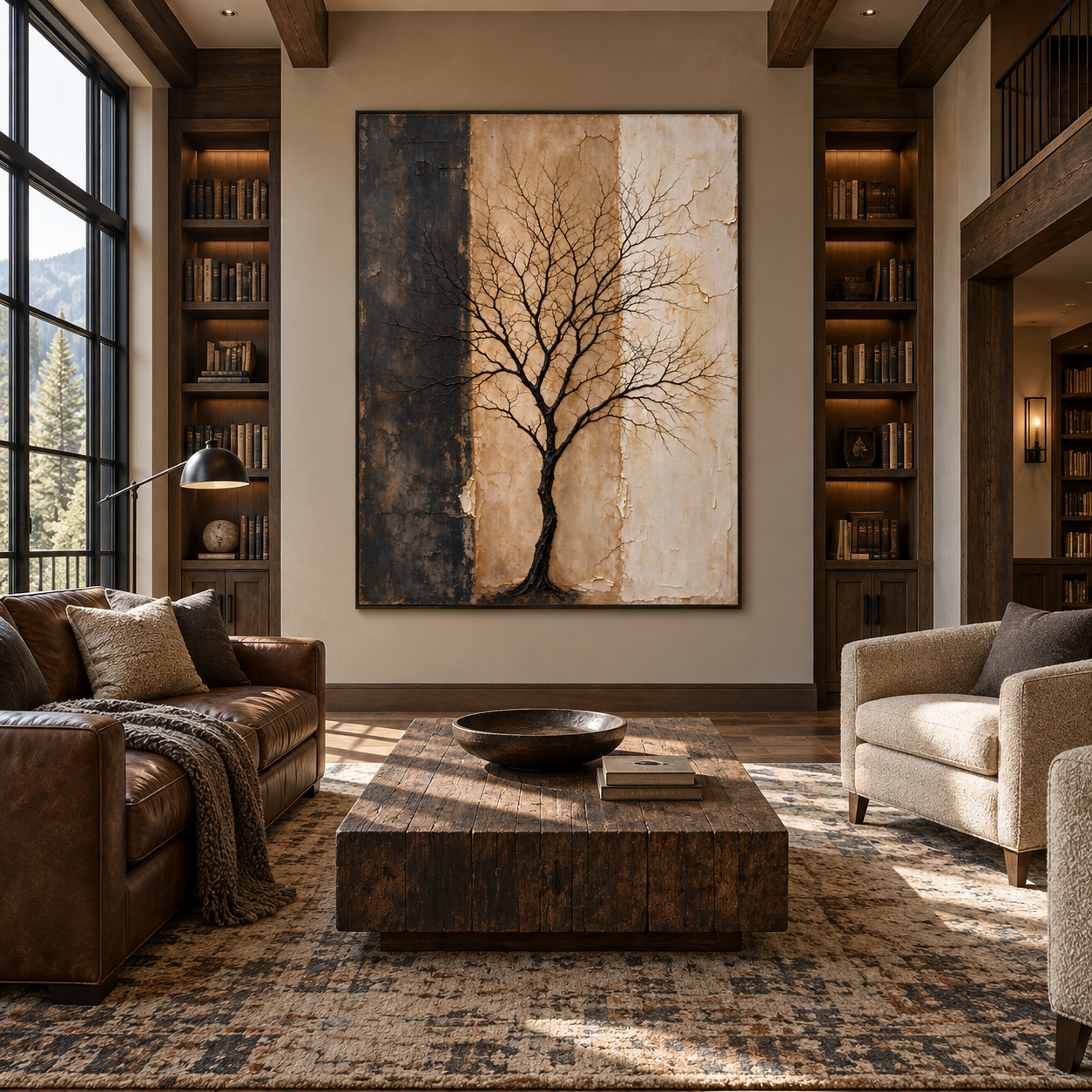 Black bare tree silhouette across charcoal, sand, and ivory vertical fields, shown in a room setting