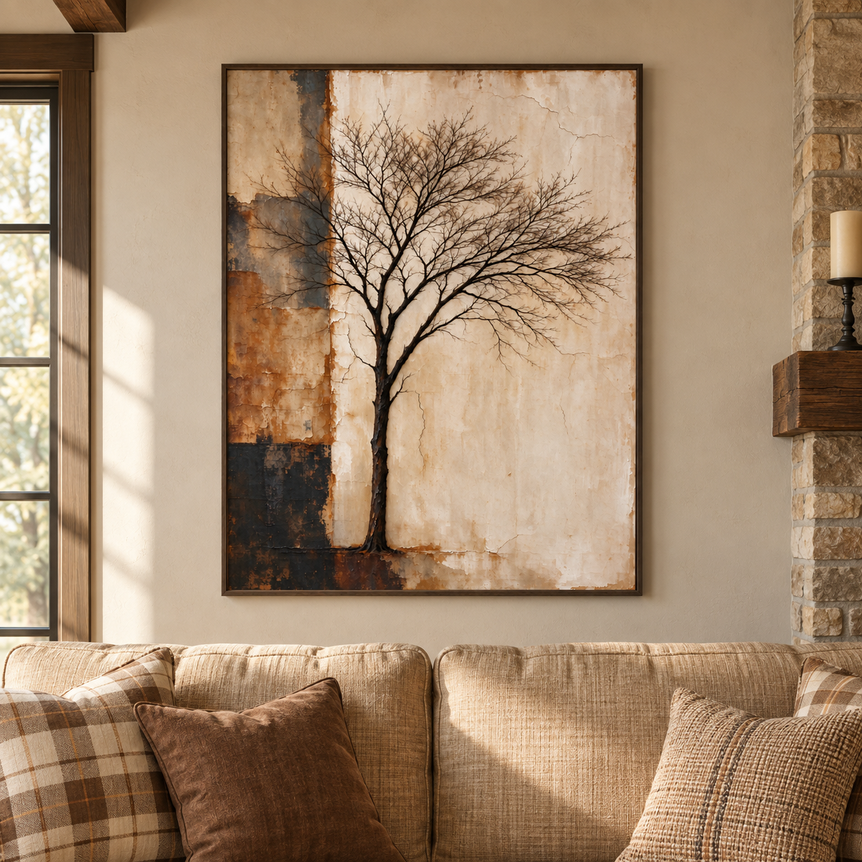 Slender black tree beside rust, slate gray, and charcoal panels on an ivory field, shown in a room setting